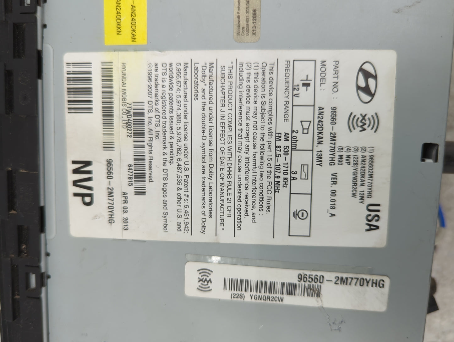 2013 Hyundai Genesis Radio AM FM Cd Player Receiver Replacement P/N:96560-2M770YHG AN242DKAN Fits OEM Used Auto Parts - Oemu