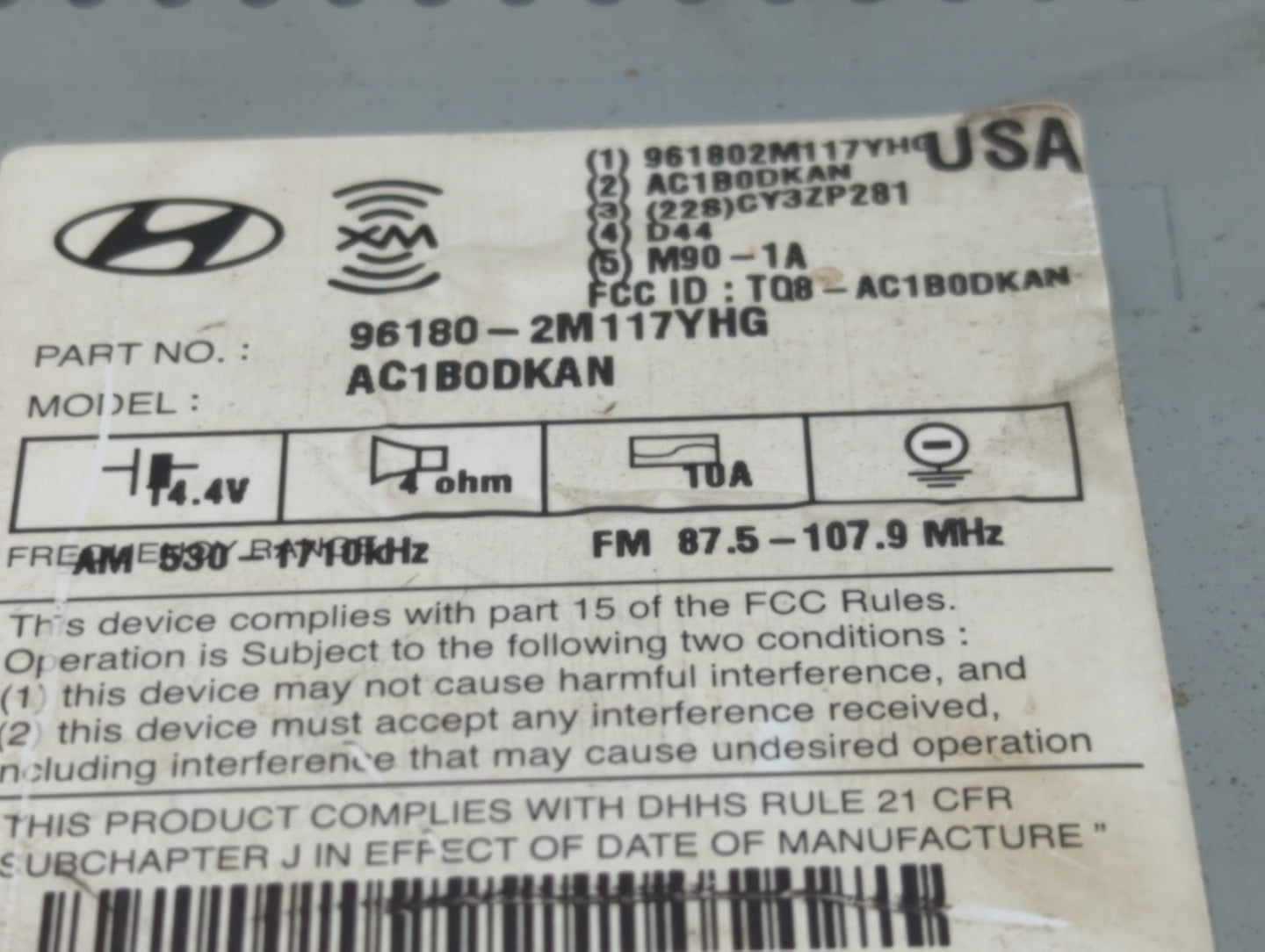 2013 Hyundai Genesis Radio AM FM Cd Player Receiver Replacement P/N:961802M117YHG AC1B0DKAN, TQ8-AC1B0DKAN Fits OEM Used Aut
