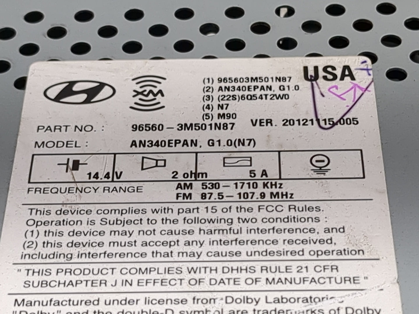 2013 Hyundai Genesis Radio AM FM Cd Player Receiver Replacement P/N:965603M501N87 AN340EPAN, 3T965-51060 Fits OEM Used Auto 