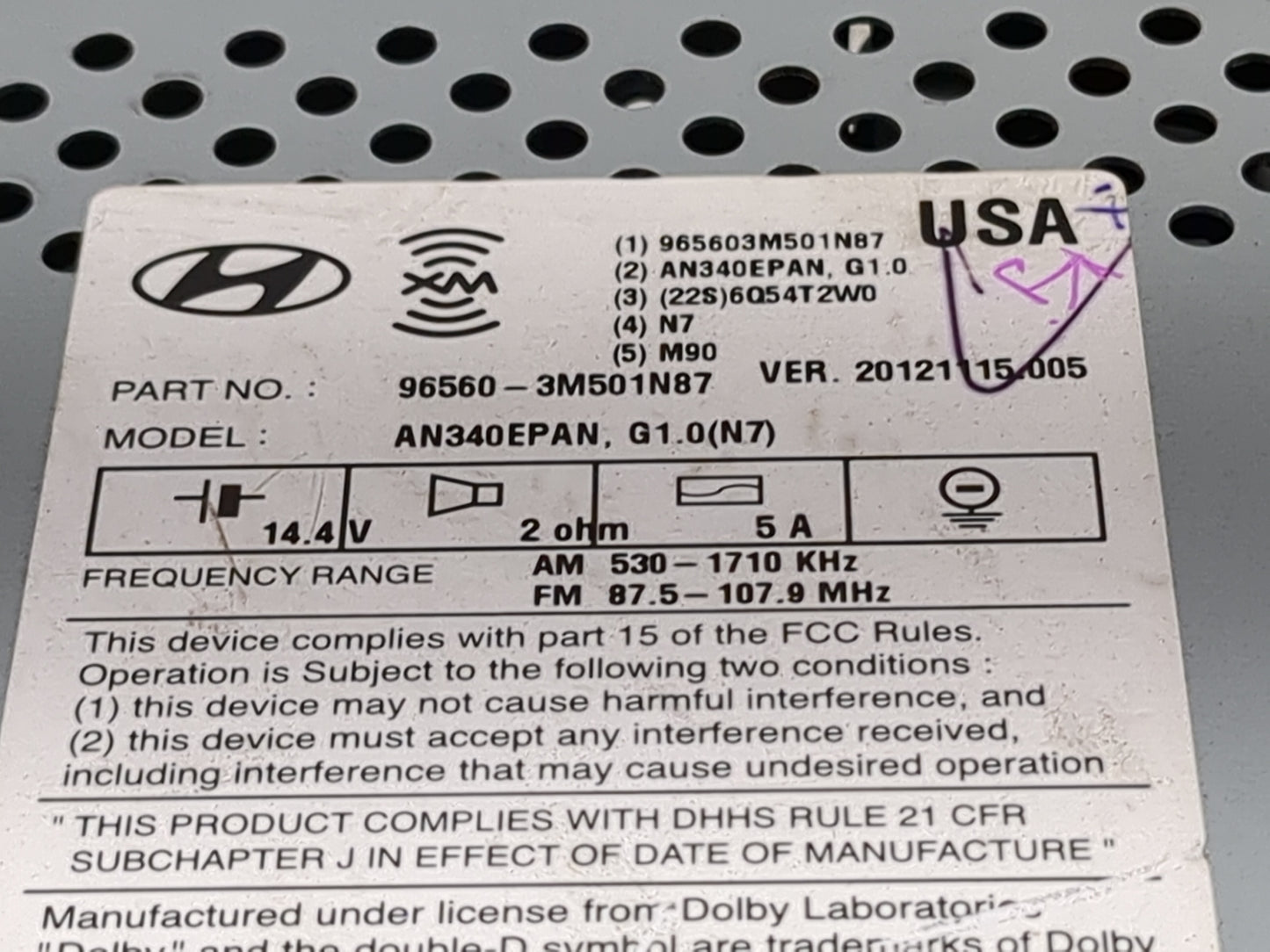 2013 Hyundai Genesis Radio AM FM Cd Player Receiver Replacement P/N:965603M501N87 AN340EPAN, 3T965-51060 Fits OEM Used Auto 