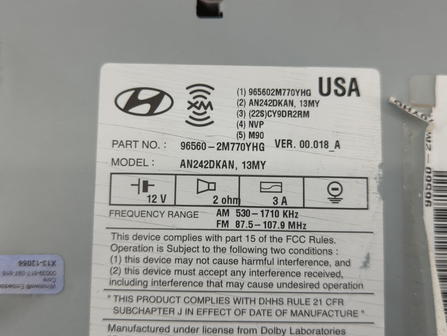 2013-2015 Hyundai Genesis Radio AM FM Cd Player Receiver Replacement P/N:96560-2M770YHG Fits Fits 2013 2014 2015 OEM Used Au