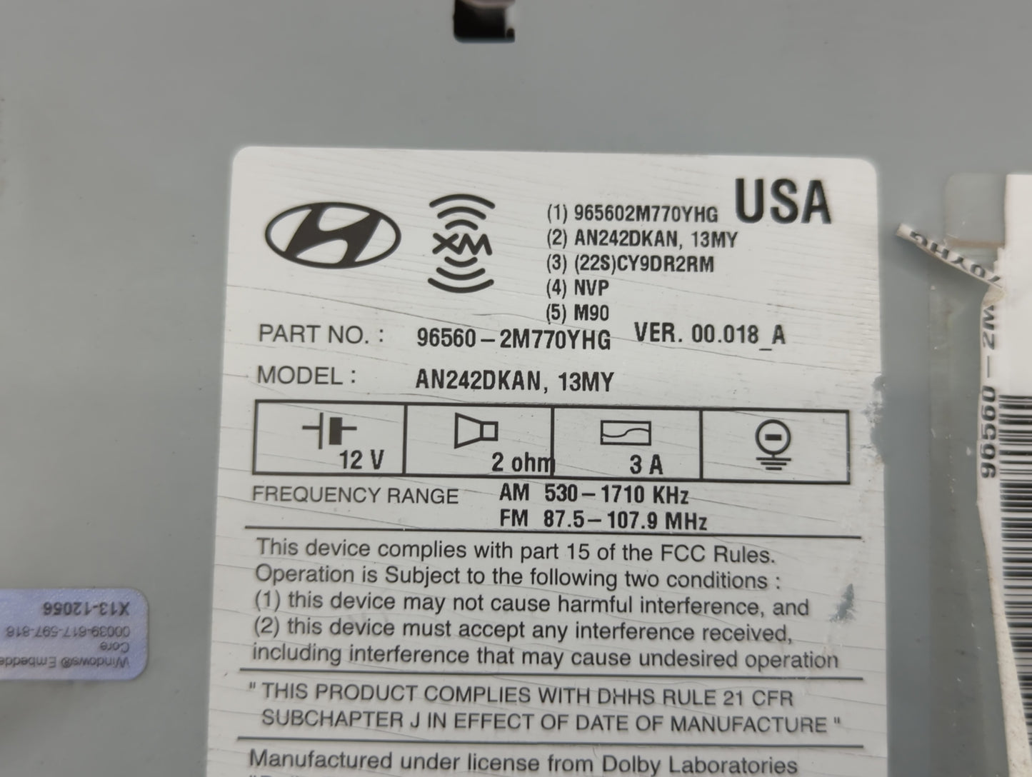 2013-2015 Hyundai Genesis Radio AM FM Cd Player Receiver Replacement P/N:96560-2M770YHG Fits Fits 2013 2014 2015 OEM Used Au