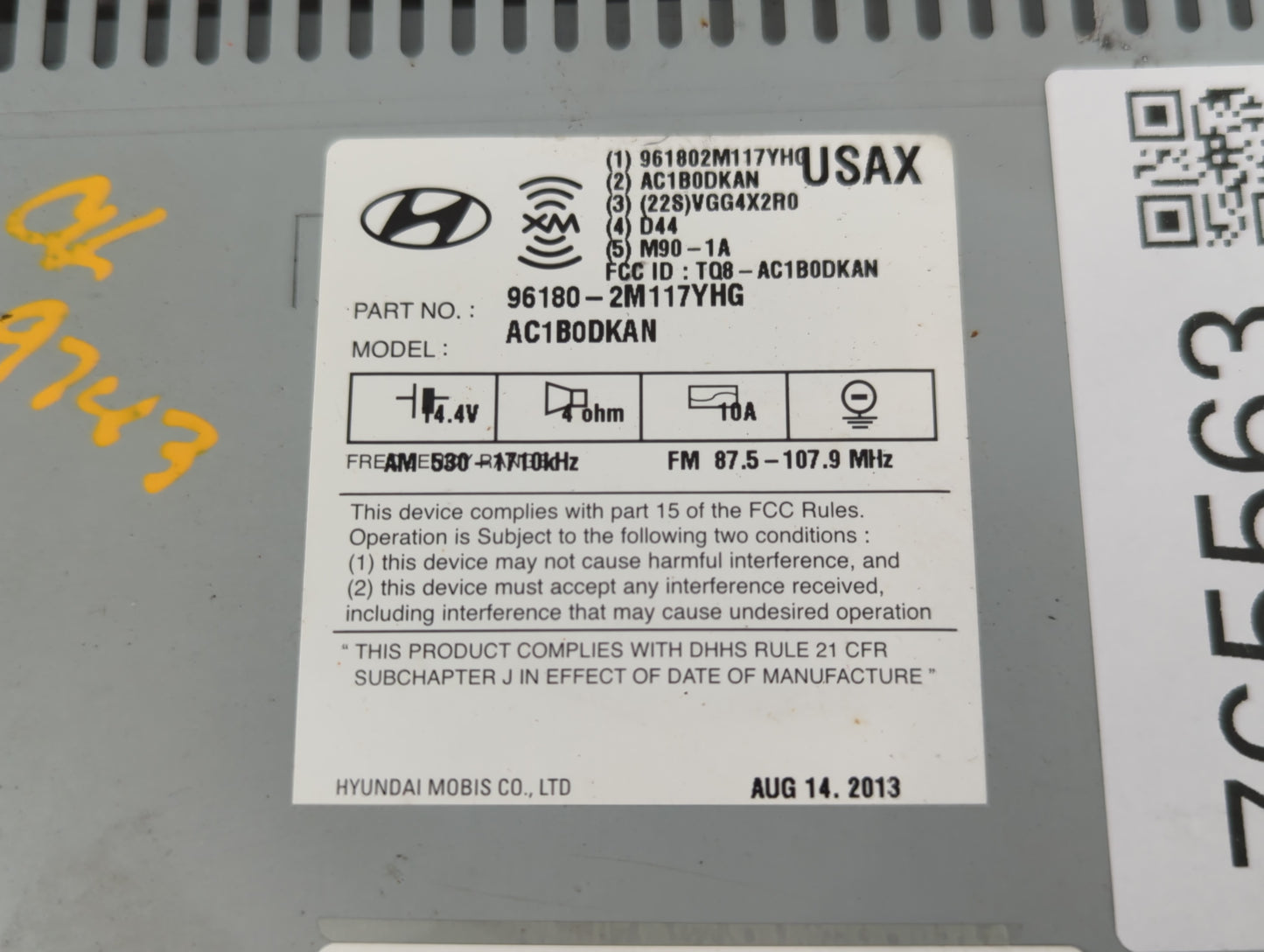 2013 Hyundai Genesis Radio AM FM Cd Player Receiver Replacement P/N:96180-2M117YHG Fits OEM Used Auto Parts - Oemusedautopar