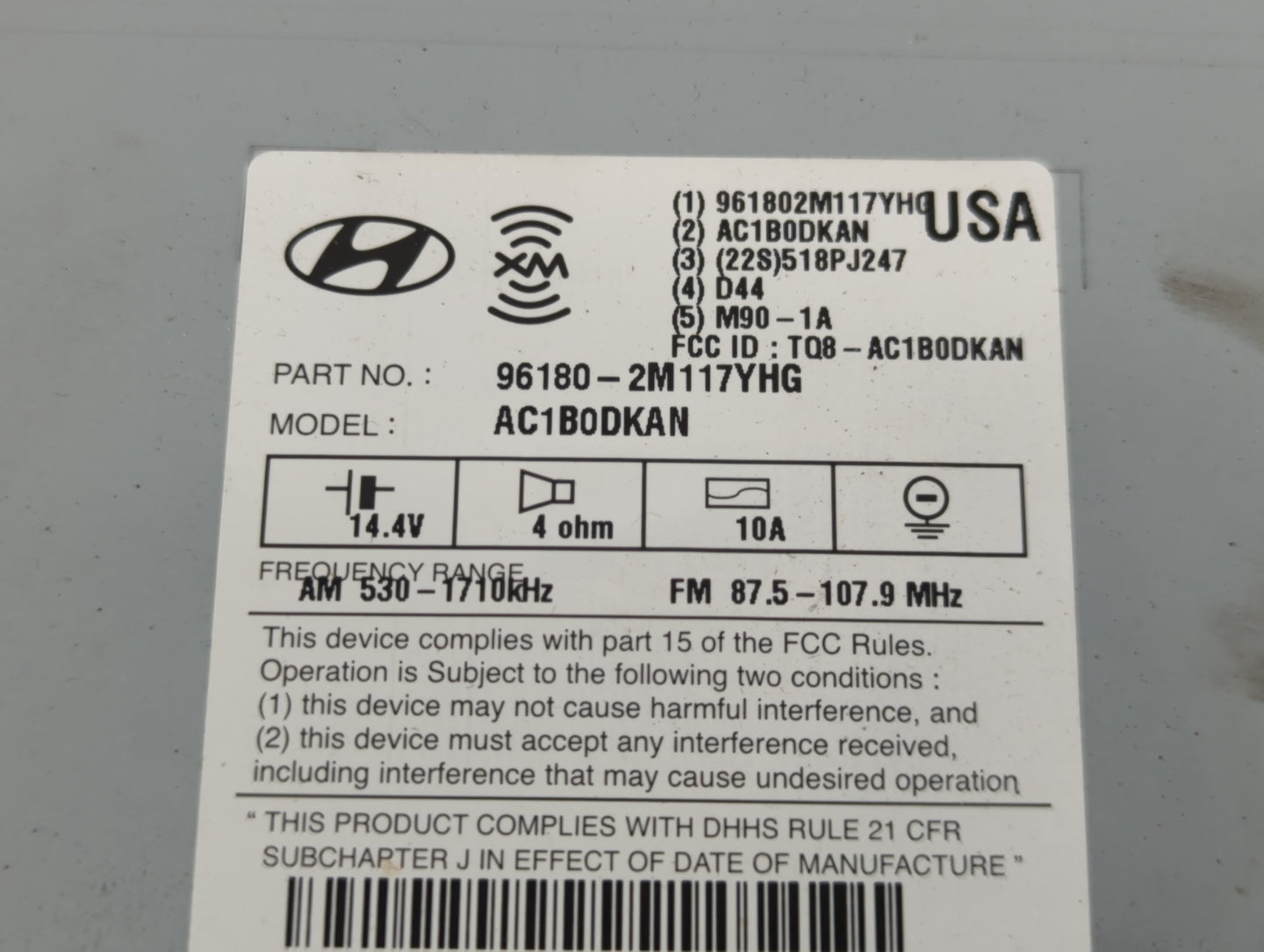 2013 Hyundai Genesis Radio AM FM Cd Player Receiver Replacement P/N:96180-2M117YHG Fits OEM Used Auto Parts - Oemusedautopar