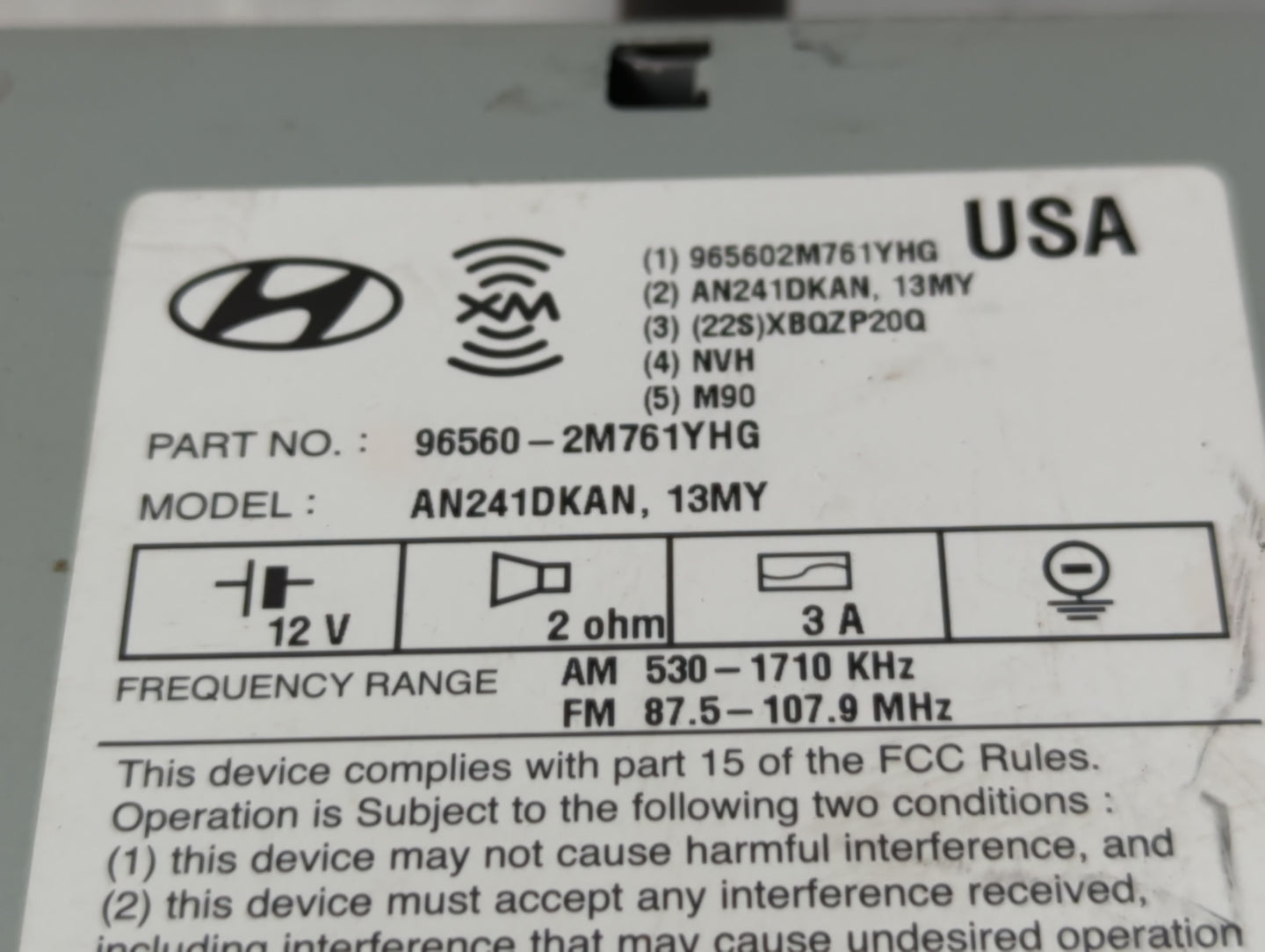 2013 Hyundai Genesis Radio AM FM Cd Player Receiver Replacement P/N:96560-2M761YHG Fits OEM Used Auto Parts - Oemusedautopar