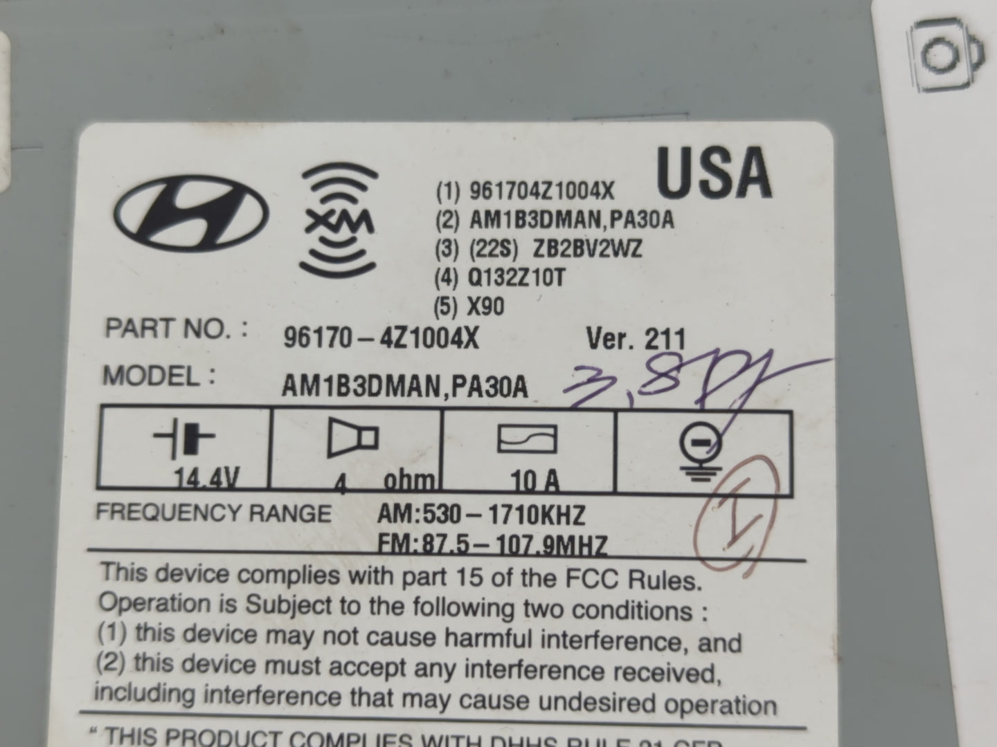 2013-2014 Hyundai Santa Fe Radio AM FM Cd Player Receiver Replacement P/N:96180-4Z1004X Fits Fits 2013 2014 OEM Used Auto Pa