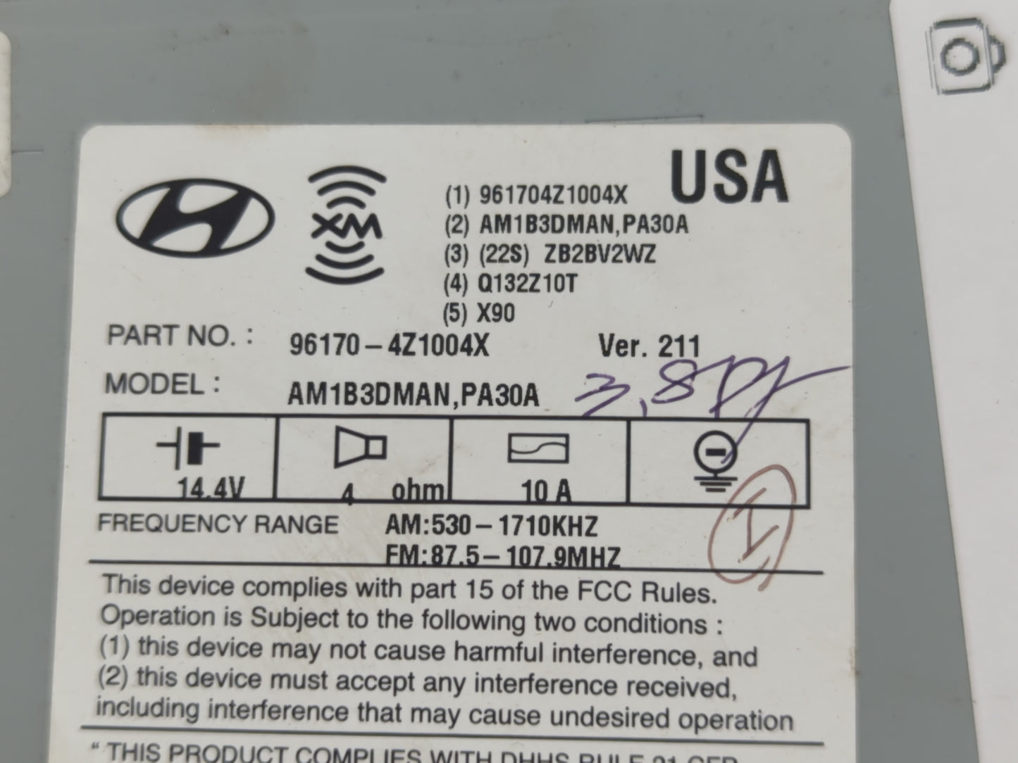2013-2014 Hyundai Santa Fe Radio AM FM Cd Player Receiver Replacement P/N:96180-4Z1004X Fits Fits 2013 2014 OEM Used Auto Pa