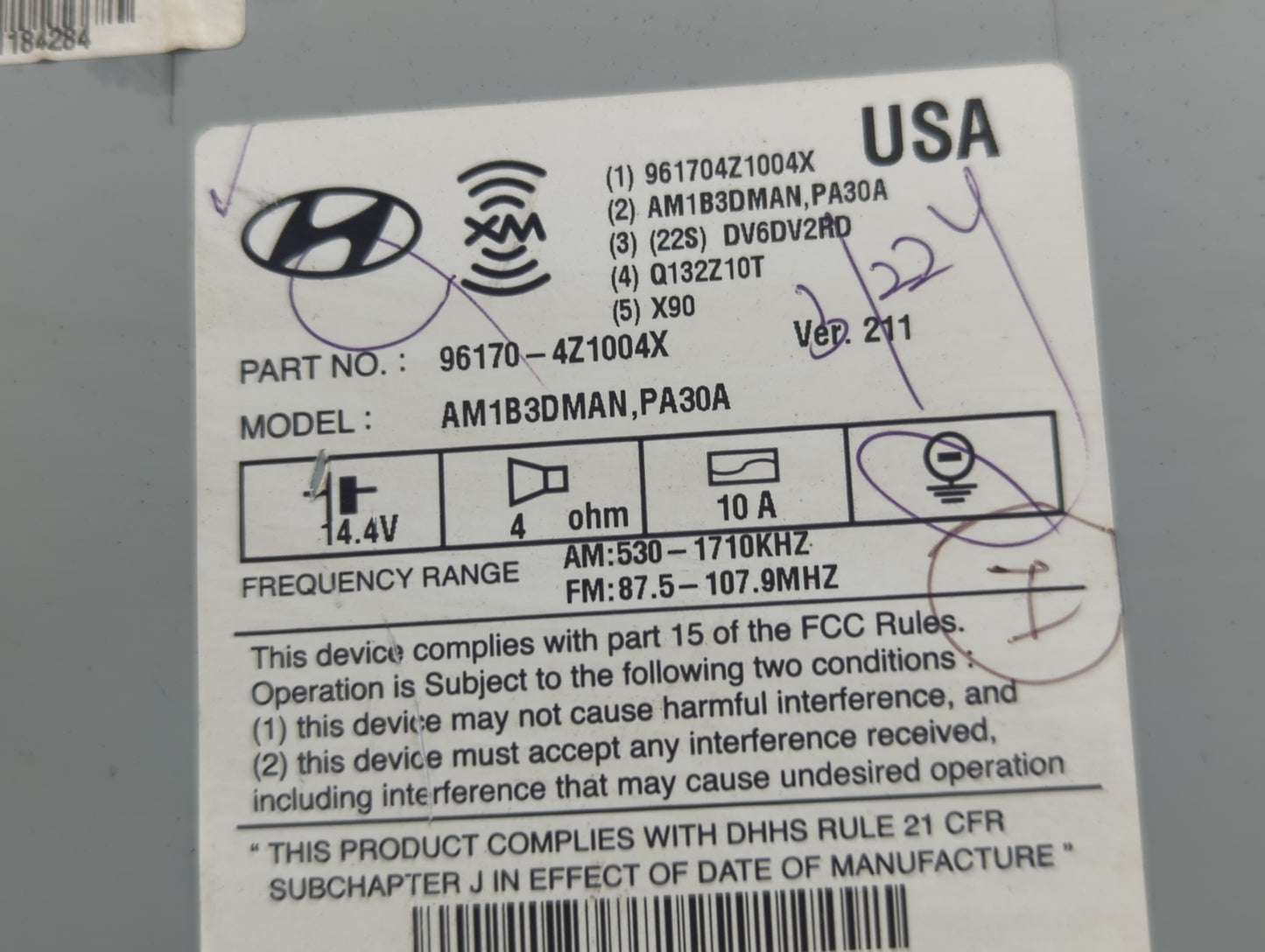 2013-2014 Hyundai Santa Fe Radio AM FM Cd Player Receiver Replacement P/N:96170-4Z1004X Fits Fits 2013 2014 OEM Used Auto Pa