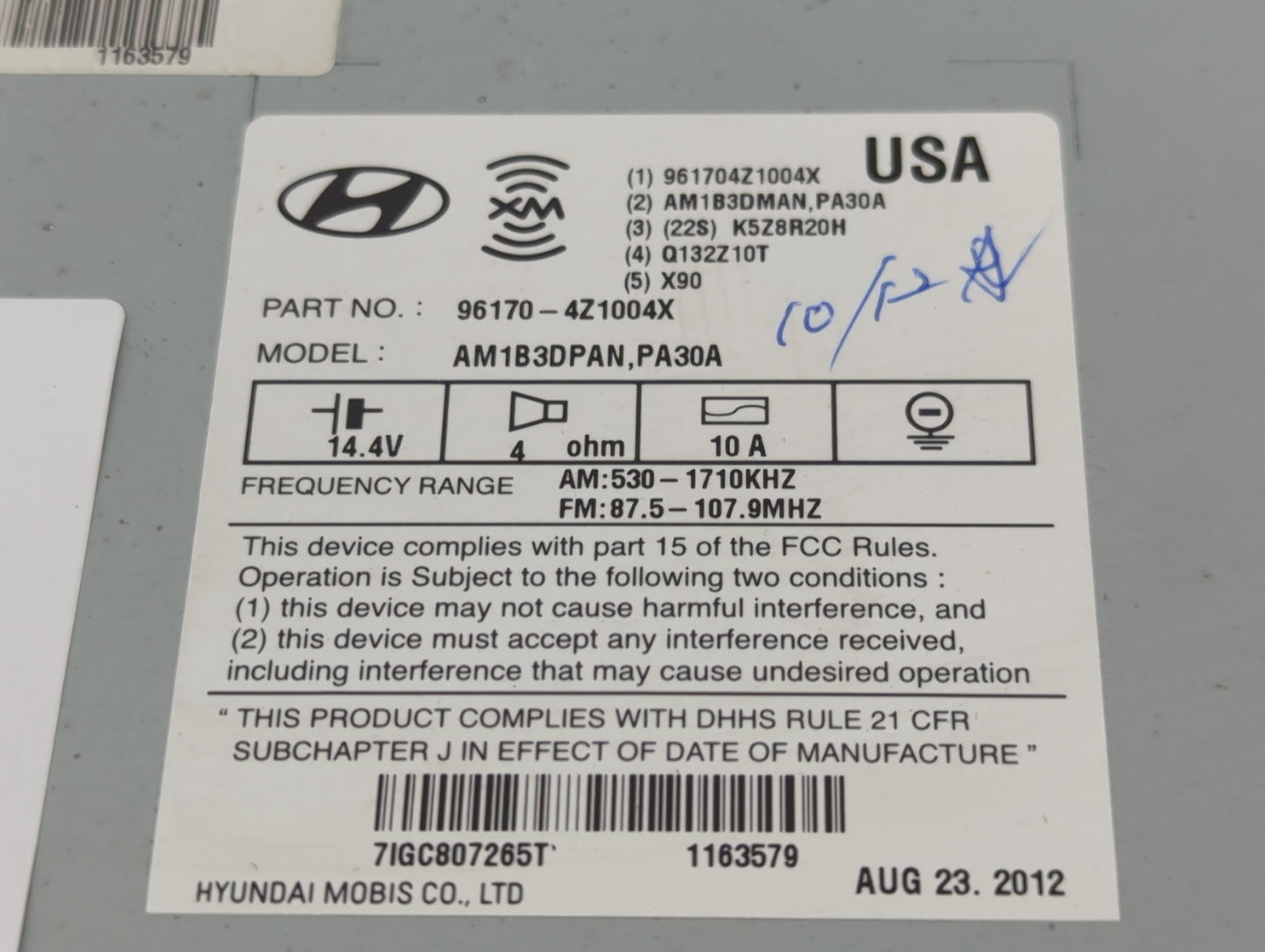 2013-2014 Hyundai Santa Fe Radio AM FM Cd Player Receiver Replacement P/N:96170-4Z1004X Fits Fits 2013 2014 OEM Used Auto Pa