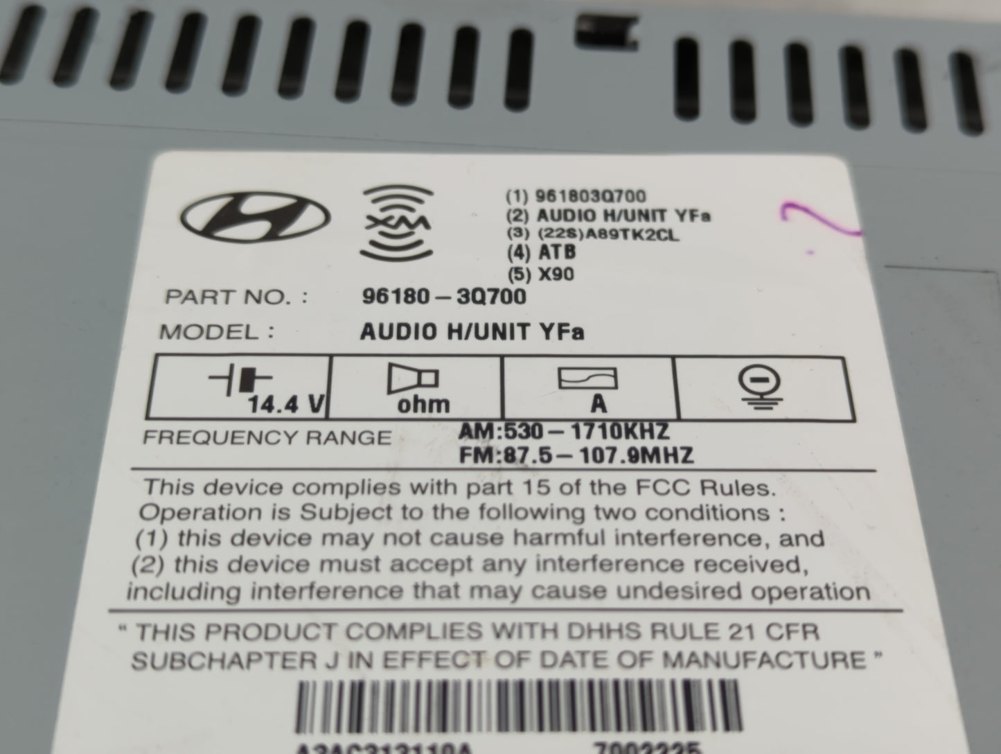 2013-2014 Hyundai Sonata Radio AM FM Cd Player Receiver Replacement P/N:96180-3Q700 Fits Fits 2013 2014 OEM Used Auto Parts 
