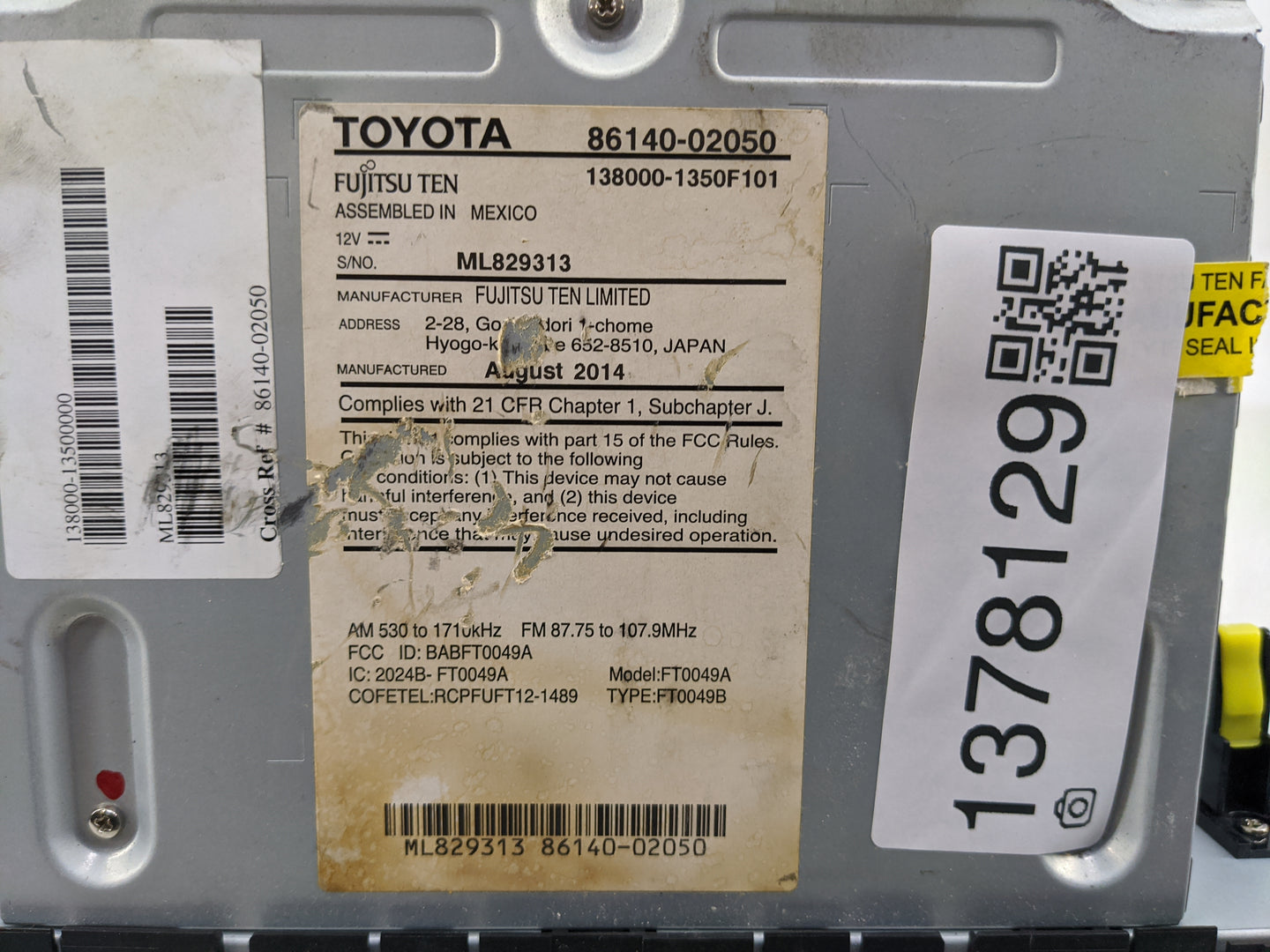 2013-2014 Hyundai Sonata Radio AM FM Cd Player Receiver Replacement P/N:86140-02050 Fits Fits 2013 2014 OEM Used Auto Parts 