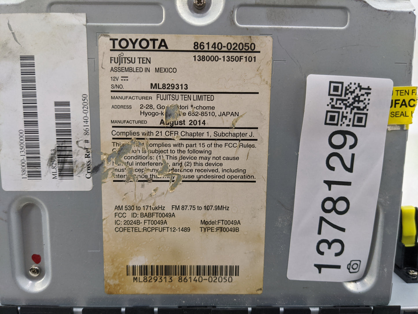 2013-2014 Hyundai Sonata Radio AM FM Cd Player Receiver Replacement P/N:86140-02050 Fits Fits 2013 2014 OEM Used Auto Parts 