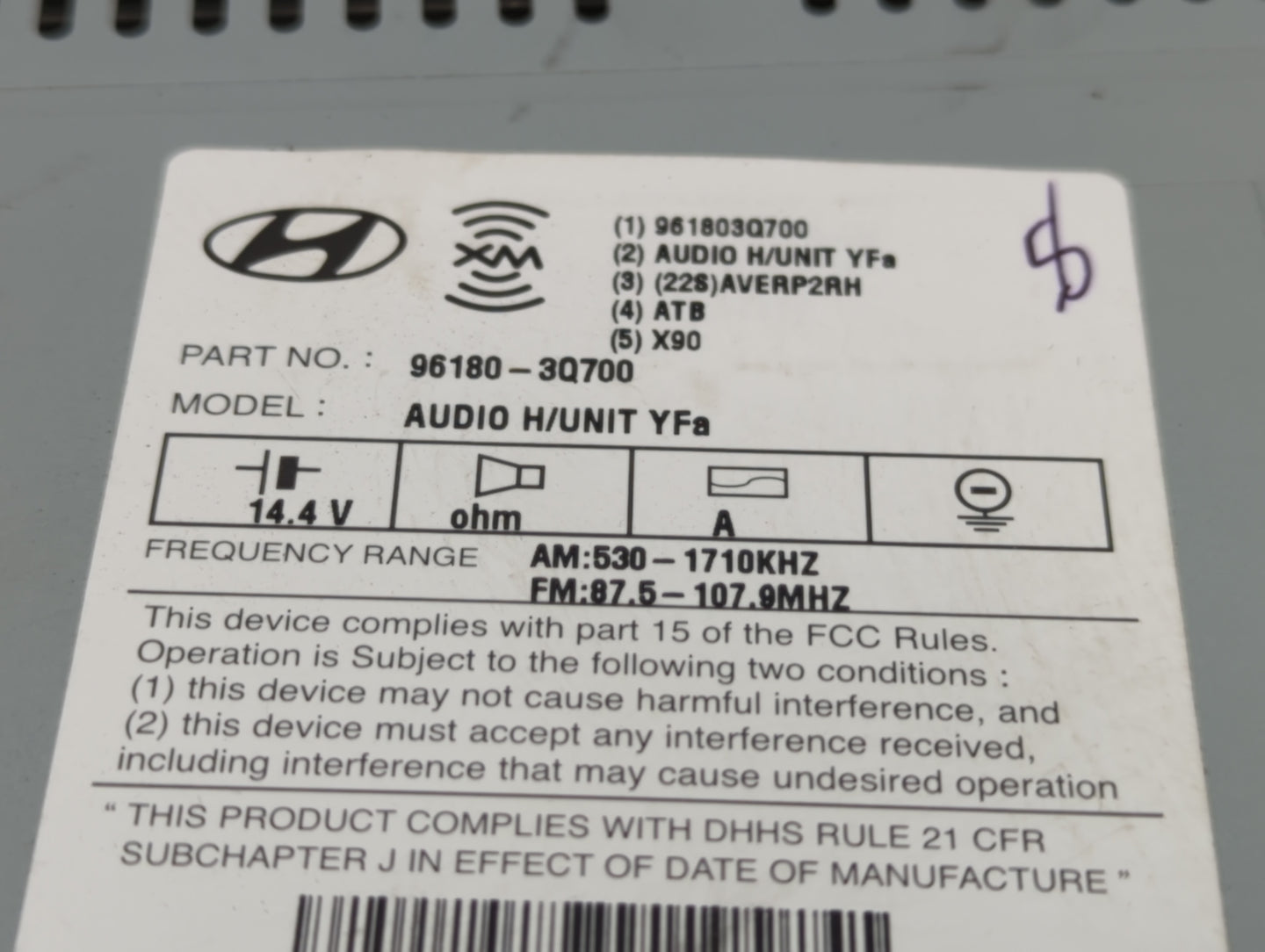 2013-2014 Hyundai Sonata Radio AM FM Cd Player Receiver Replacement P/N:96180-3Q700 Fits Fits 2013 2014 OEM Used Auto Parts 