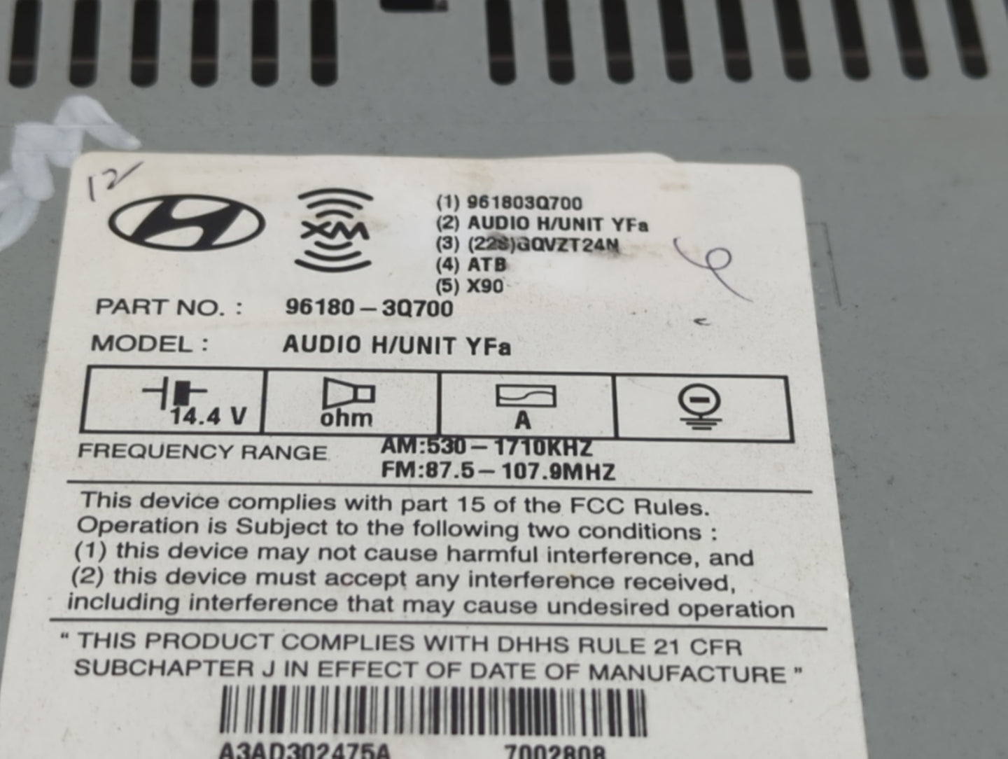 2013-2014 Hyundai Sonata Radio AM FM Cd Player Receiver Replacement P/N:96180-3Q700 Fits Fits 2013 2014 OEM Used Auto Parts 