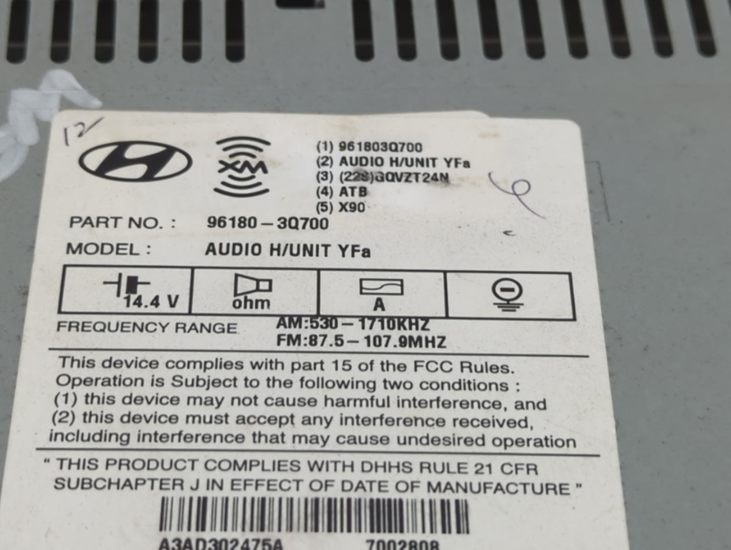 2013-2014 Hyundai Sonata Radio AM FM Cd Player Receiver Replacement P/N:96180-3Q700 Fits Fits 2013 2014 OEM Used Auto Parts 