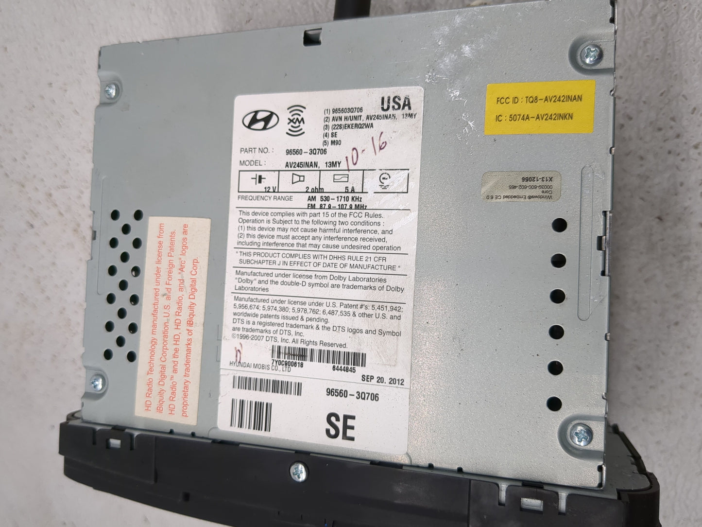 2013 Hyundai Sonata Radio AM FM Cd Player Receiver Replacement P/N:96560-3Q706 Fits OEM Used Auto Parts - Oemusedautoparts1.