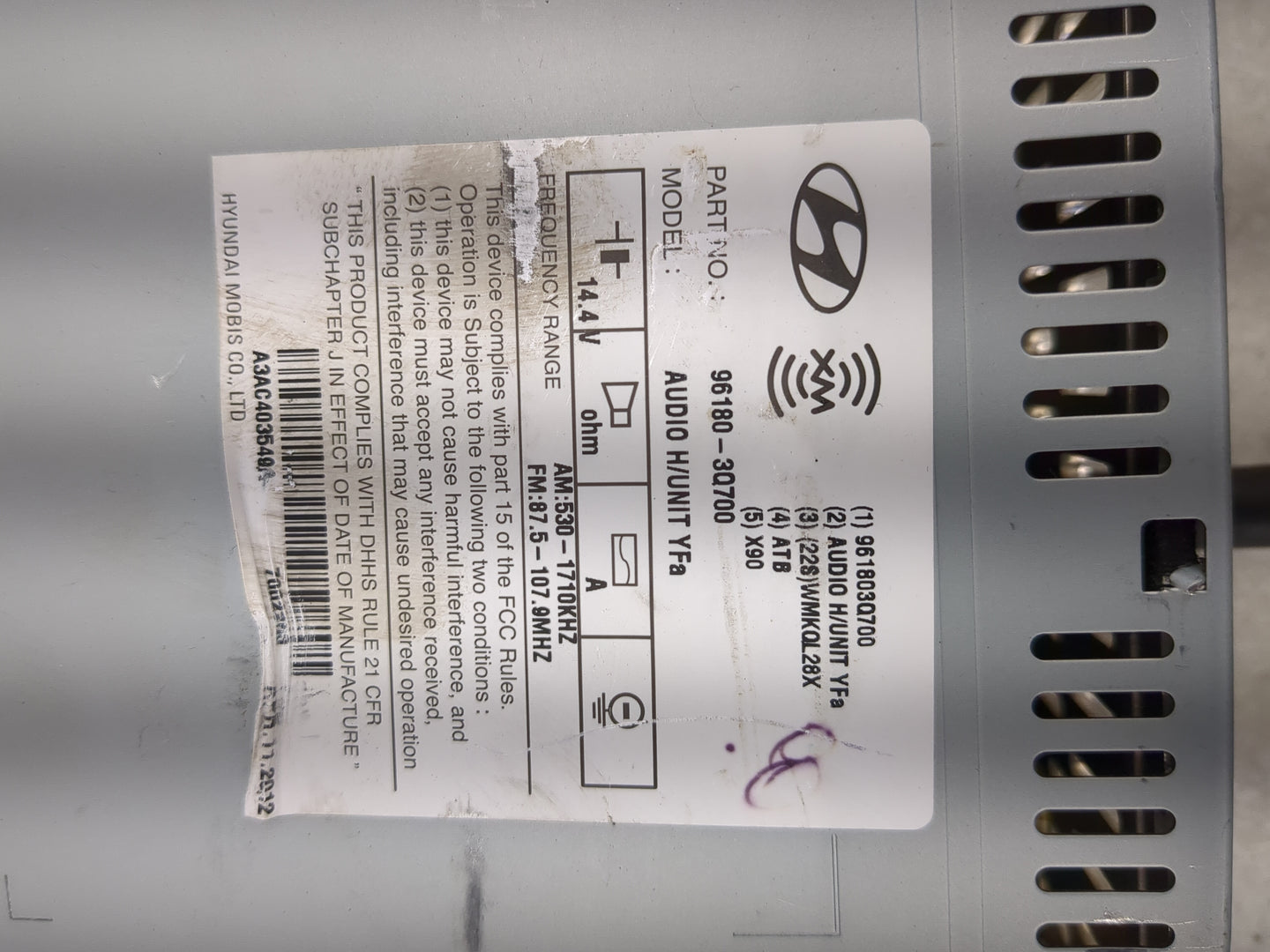 2012-2015 Hyundai Sonata Radio AM FM Cd Player Receiver Replacement P/N:96180-3Q700 Fits Fits 2012 2013 2014 2015 OEM Used A