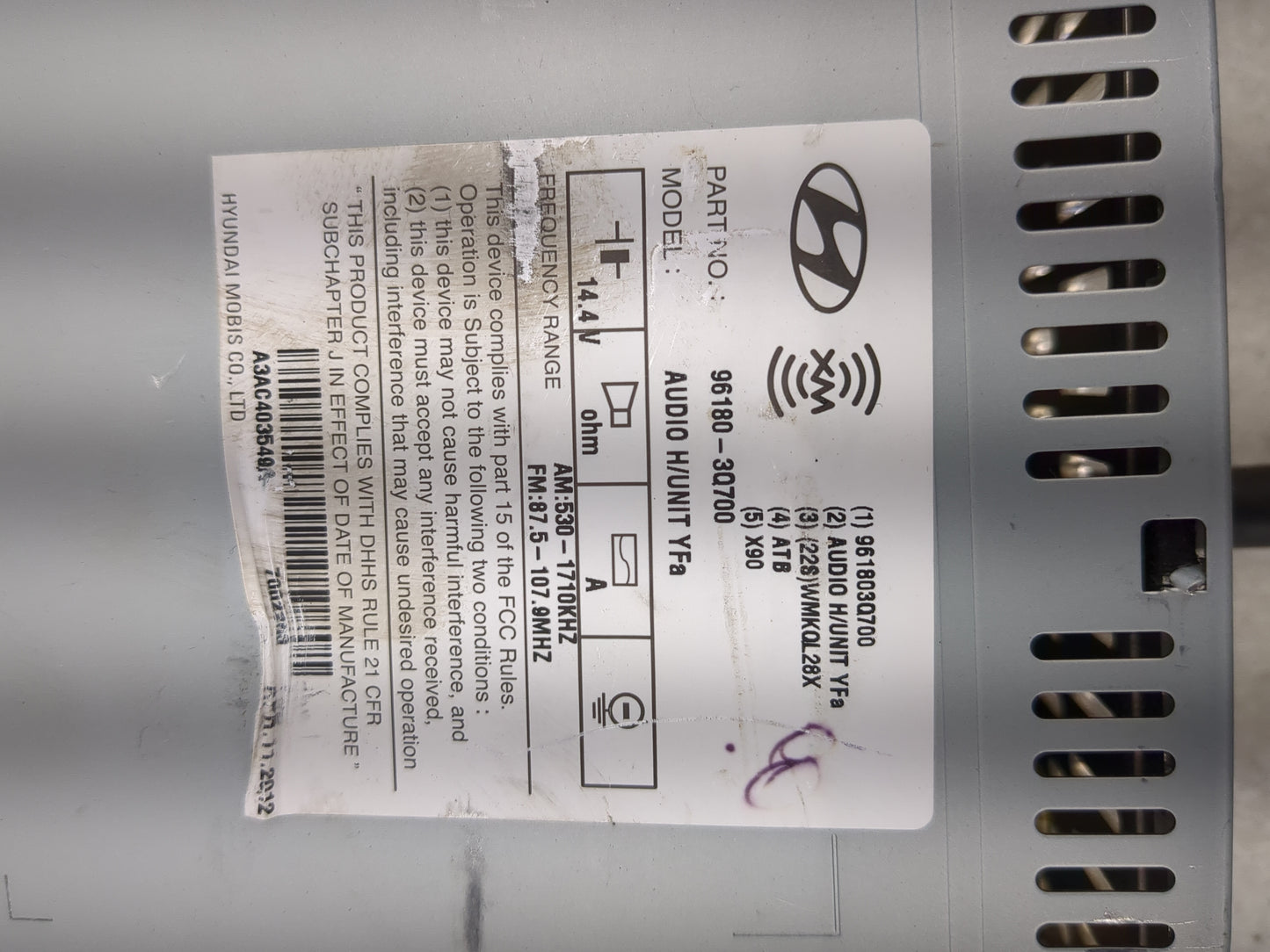 2012-2015 Hyundai Sonata Radio AM FM Cd Player Receiver Replacement P/N:96180-3Q700 Fits Fits 2012 2013 2014 2015 OEM Used A
