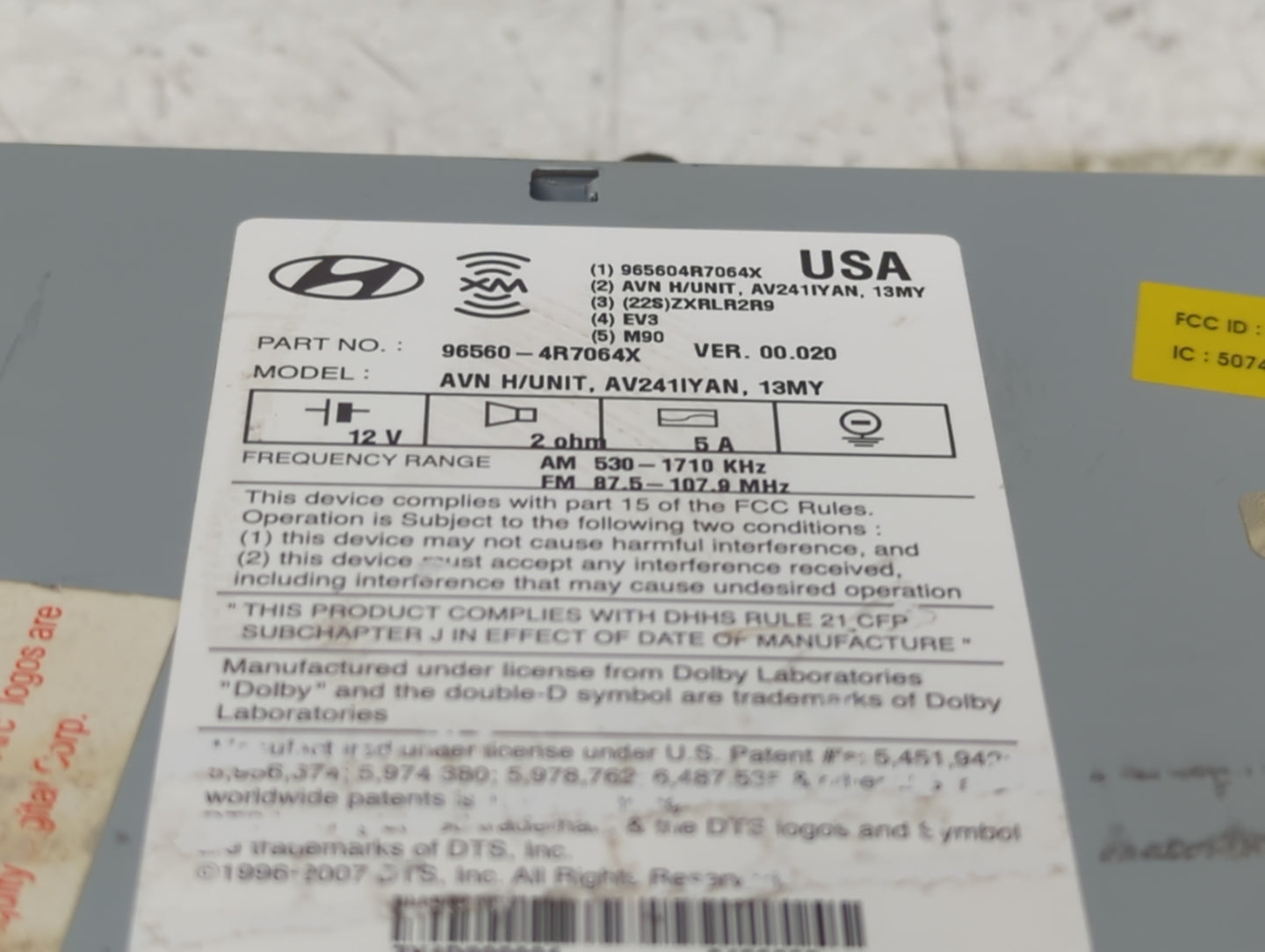 2011-2015 Hyundai Sonata Radio AM FM Cd Player Receiver Replacement P/N:96560-4R7064X 965604R7064X Fits OEM Used Auto Parts 