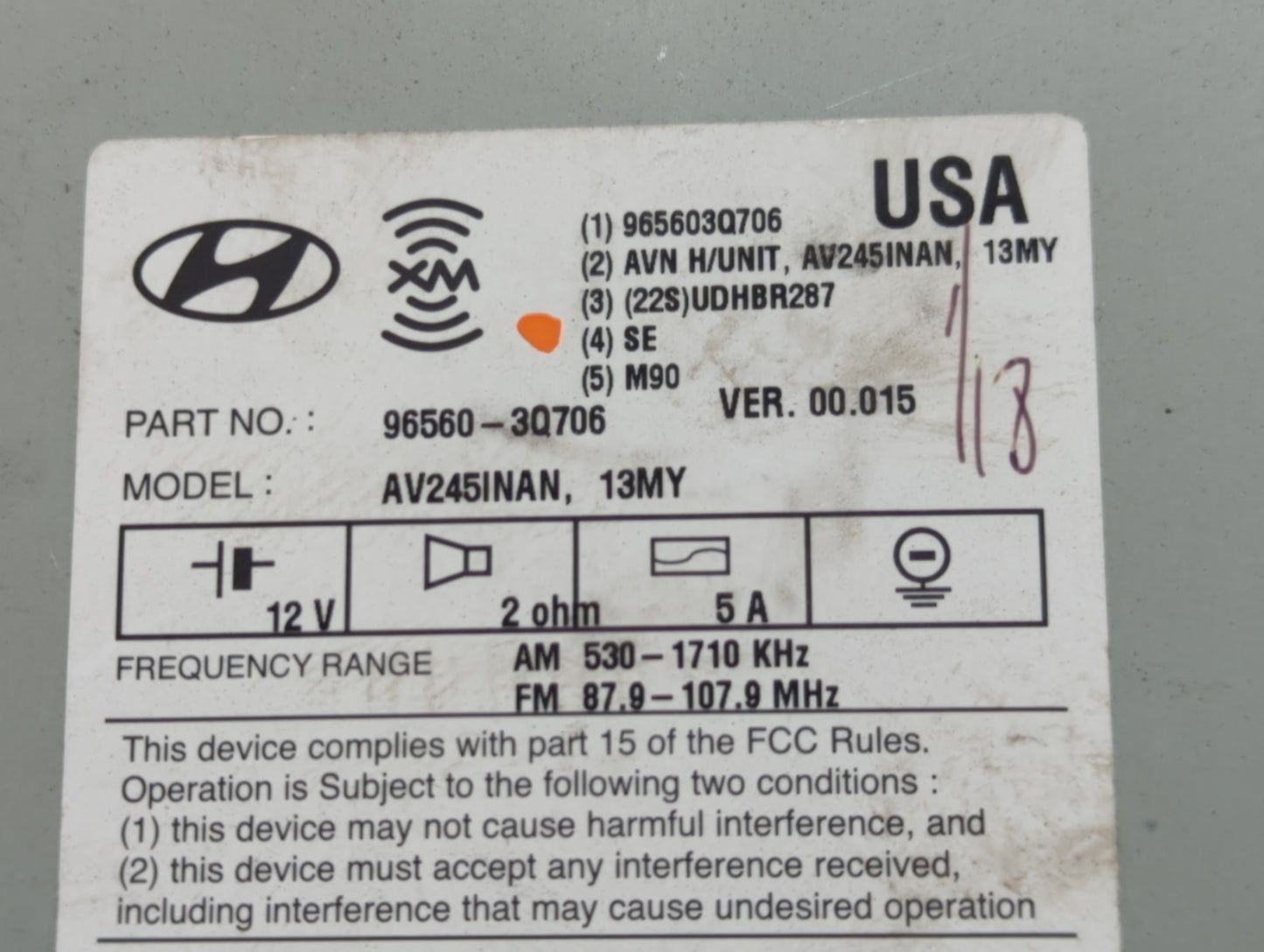 2013 Hyundai Sonata Radio AM FM Cd Player Receiver Replacement P/N:965603Q706 AV245INAN Fits OEM Used Auto Parts - Oemusedau
