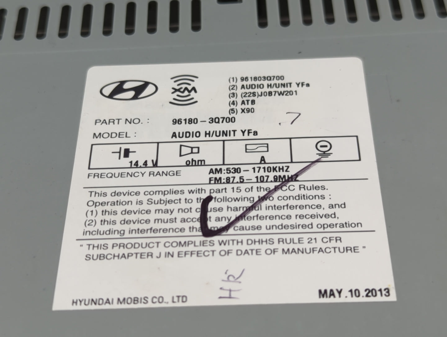 2013 Hyundai Sonata Radio AM FM Cd Player Receiver Replacement P/N:96180-3Q700 961803Q700 Fits OEM Used Auto Parts - Oemused