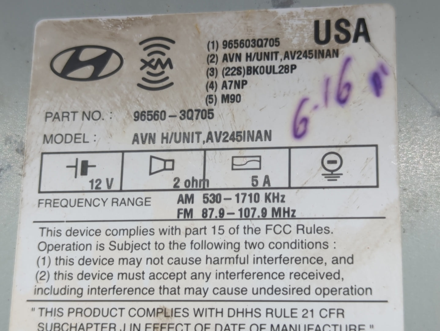 2013 Hyundai Sonata Radio AM FM Cd Player Receiver Replacement P/N:965603Q705 96560-3Q705, AV245INAN Fits OEM Used Auto Part