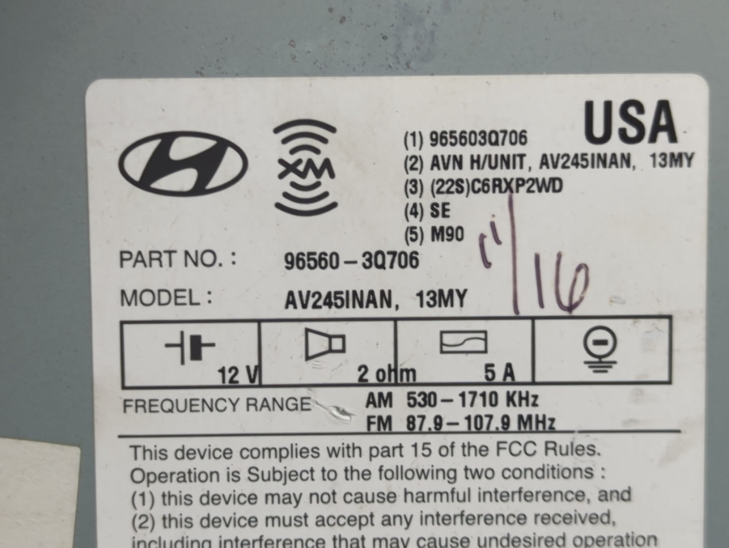 2013 Hyundai Sonata Radio AM FM Cd Player Receiver Replacement P/N:96560-3Q706 Fits OEM Used Auto Parts - Oemusedautoparts1.