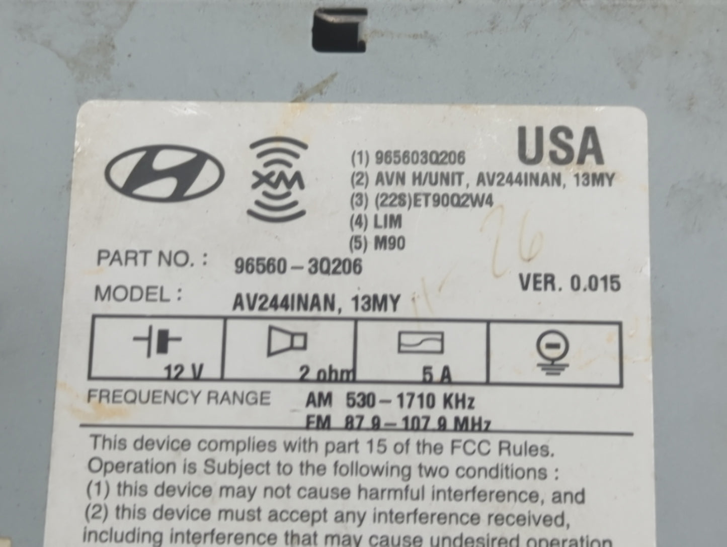 2013 Hyundai Sonata Radio AM FM Cd Player Receiver Replacement P/N:96560-3Q206 AV244INAN, 965603Q206 Fits OEM Used Auto Part