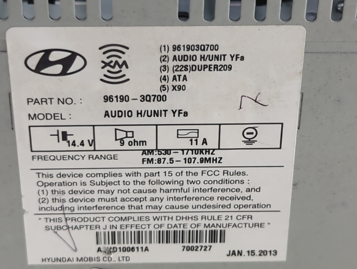 2013-2014 Hyundai Sonata Radio AM FM Cd Player Receiver Replacement P/N:961903Q700 96190-3Q700, A3HD100611A Fits Fits 2013 2