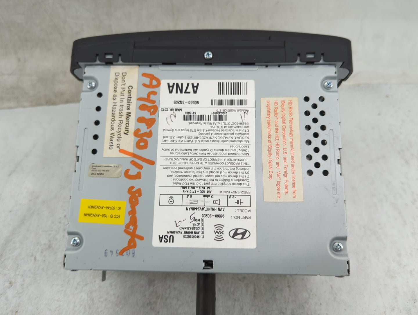 2013 Hyundai Sonata Radio AM FM Cd Player Receiver Replacement P/N:96560-3Q205 AV244INAN Fits OEM Used Auto Parts - Oemuseda