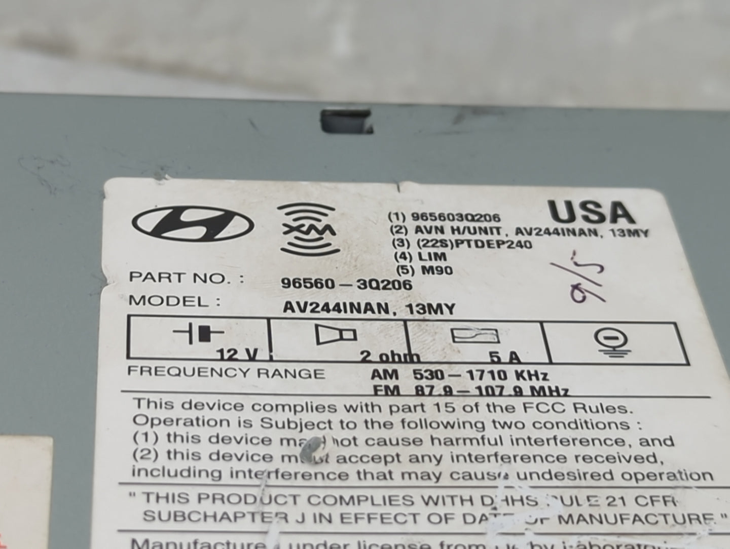 2013 Hyundai Sonata Radio AM FM Cd Player Receiver Replacement P/N:96560-3Q206 AV244INAN, 4R965-S1000 Fits OEM Used Auto Par