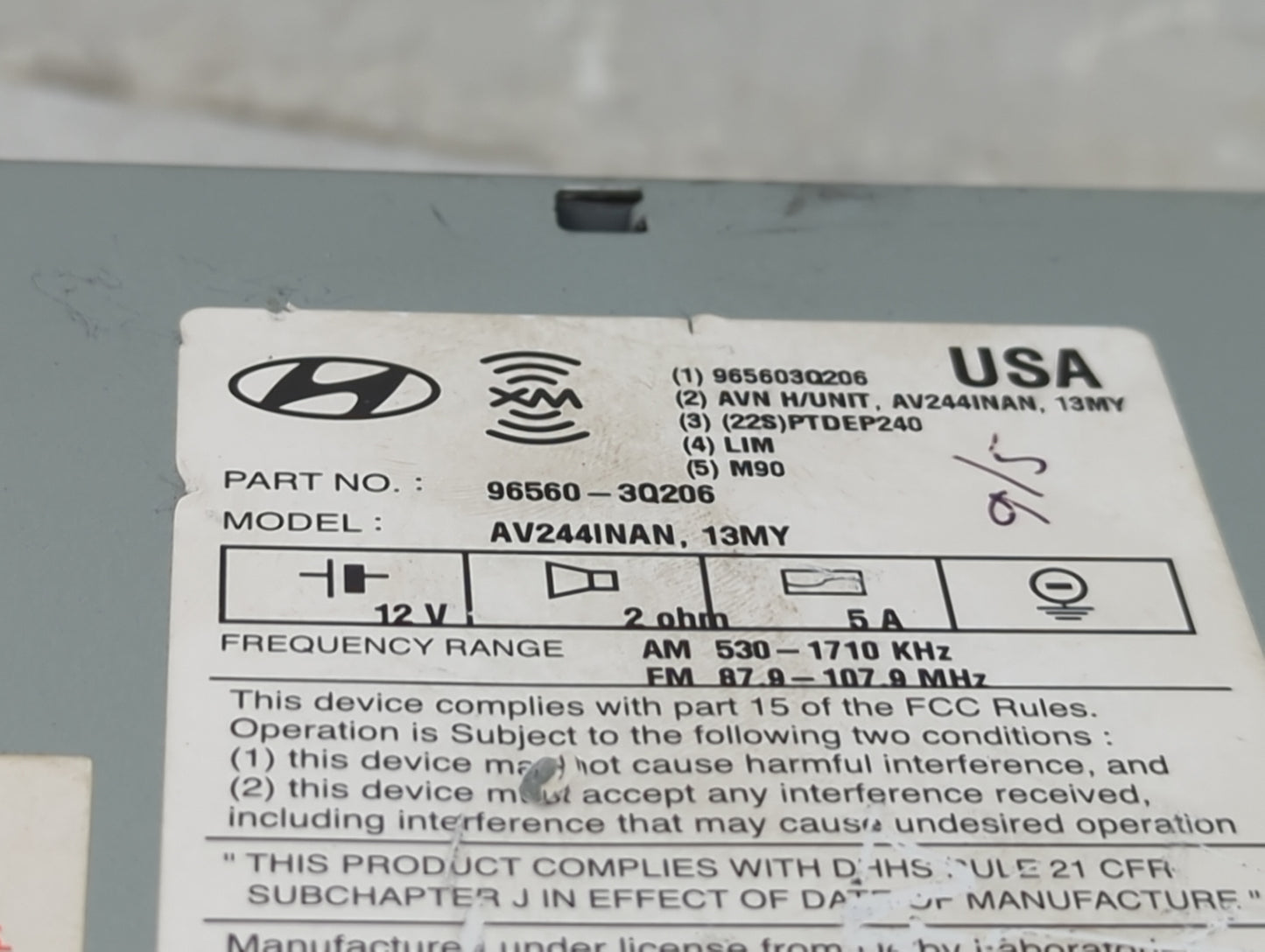 2013 Hyundai Sonata Radio AM FM Cd Player Receiver Replacement P/N:96560-3Q206 AV244INAN, 4R965-S1000 Fits OEM Used Auto Par