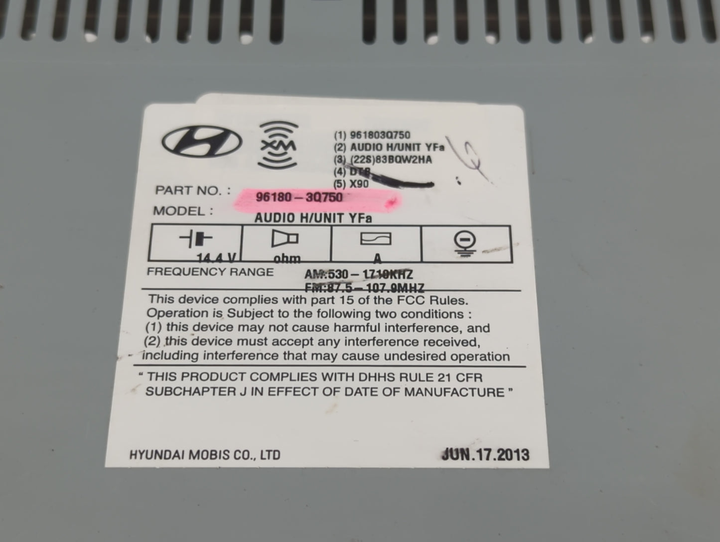 2013 Hyundai Sonata Radio AM FM Cd Player Receiver Replacement P/N:96180-3Q700 Fits OEM Used Auto Parts - Oemusedautoparts1.