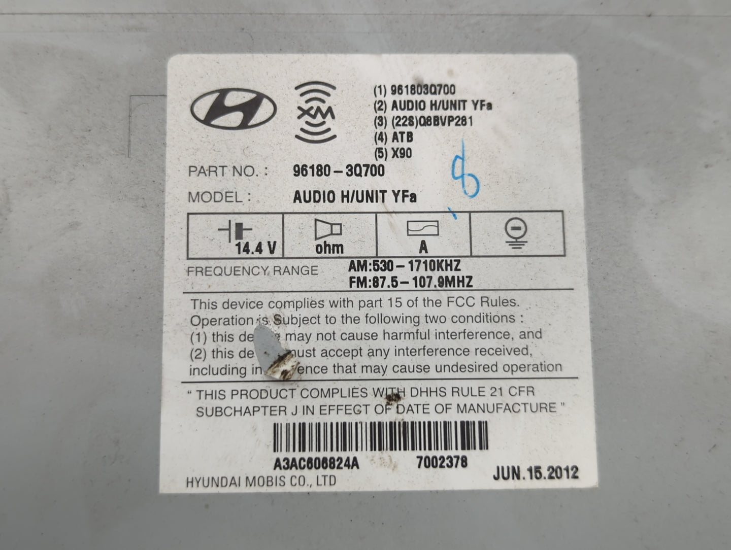 2013-2014 Hyundai Sonata Radio AM FM Cd Player Receiver Replacement P/N:96180-3Q700 Fits Fits 2013 2014 OEM Used Auto Parts 