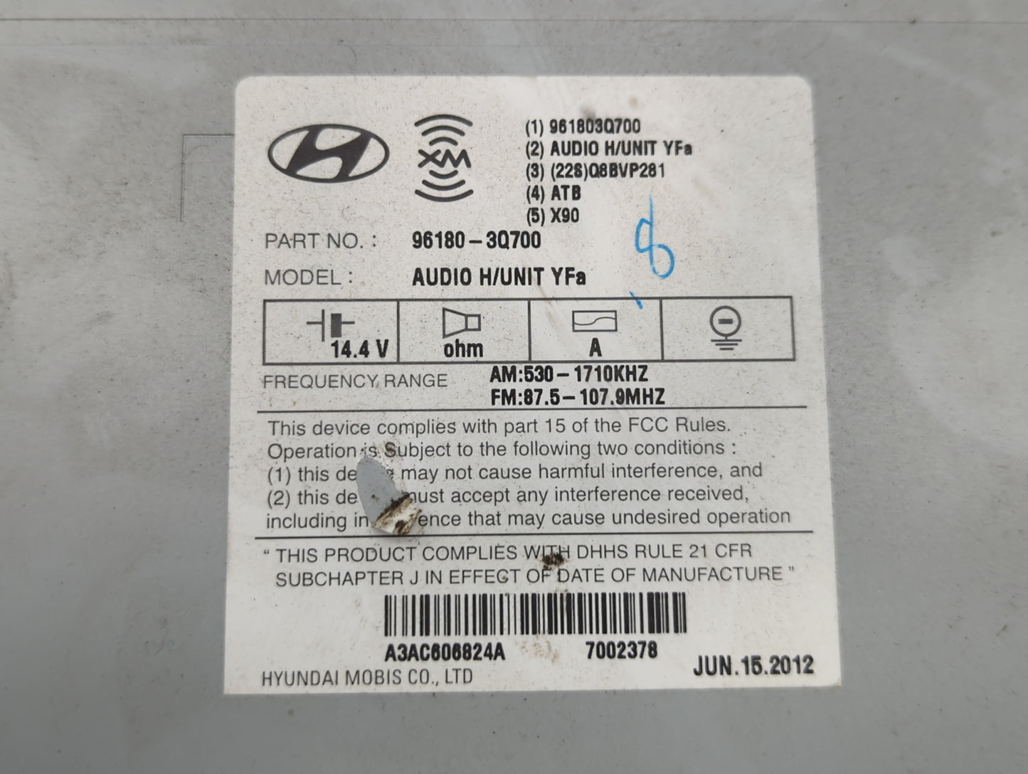 2013-2014 Hyundai Sonata Radio AM FM Cd Player Receiver Replacement P/N:96180-3Q700 Fits Fits 2013 2014 OEM Used Auto Parts 