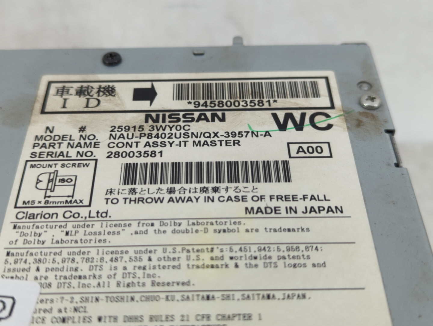 2013 Infiniti Fx35 Radio AM FM Cd Player Receiver Replacement P/N:25915 3WY0C 25915 3WY0D Fits Fits 2014 OEM Used Auto Parts