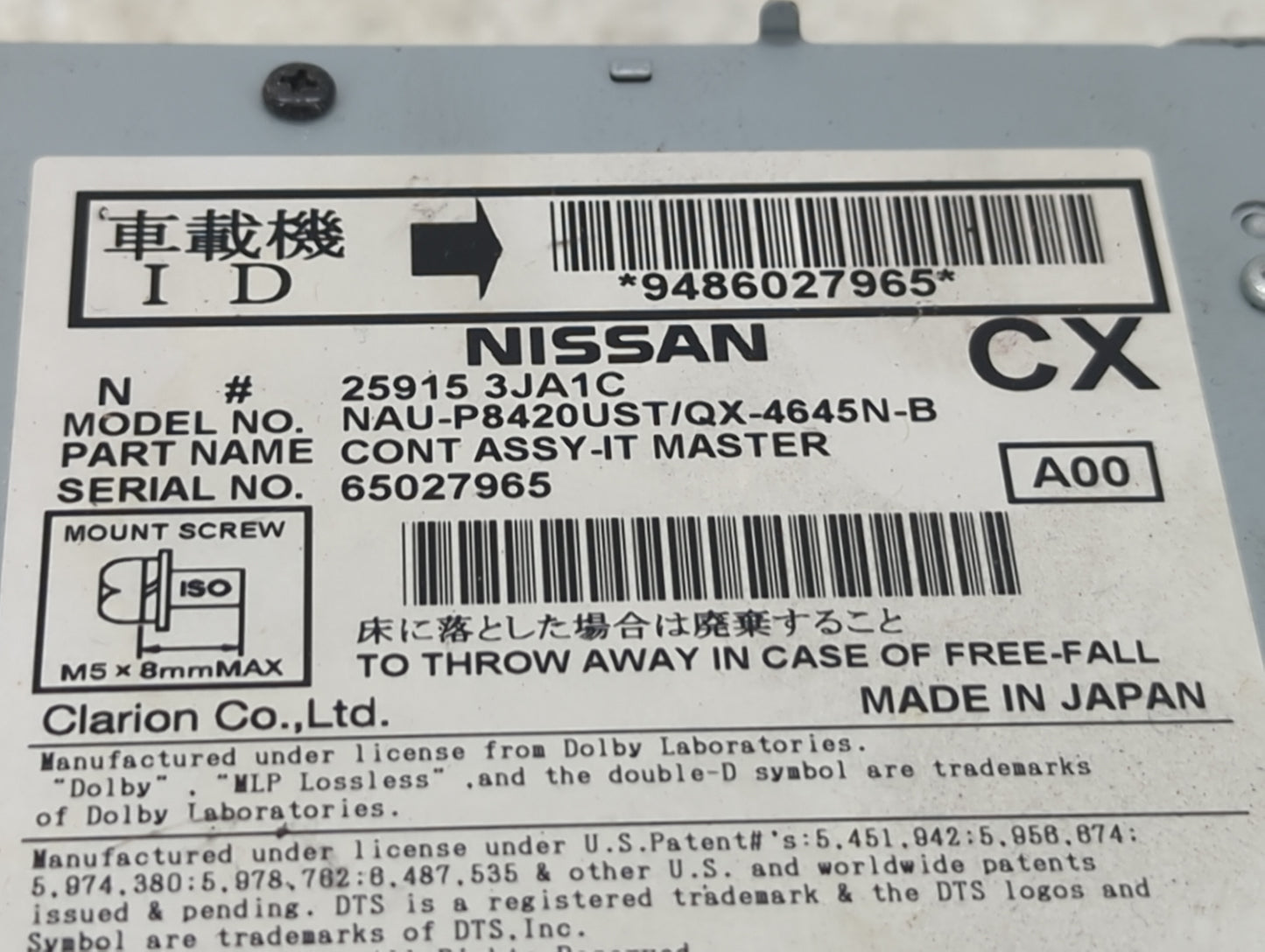 2013 Infiniti Jx35 Radio AM FM Cd Player Receiver Replacement P/N:259153JA1C NAU-P8420UST/QX-4645N-B Fits Fits 2014 2015 201