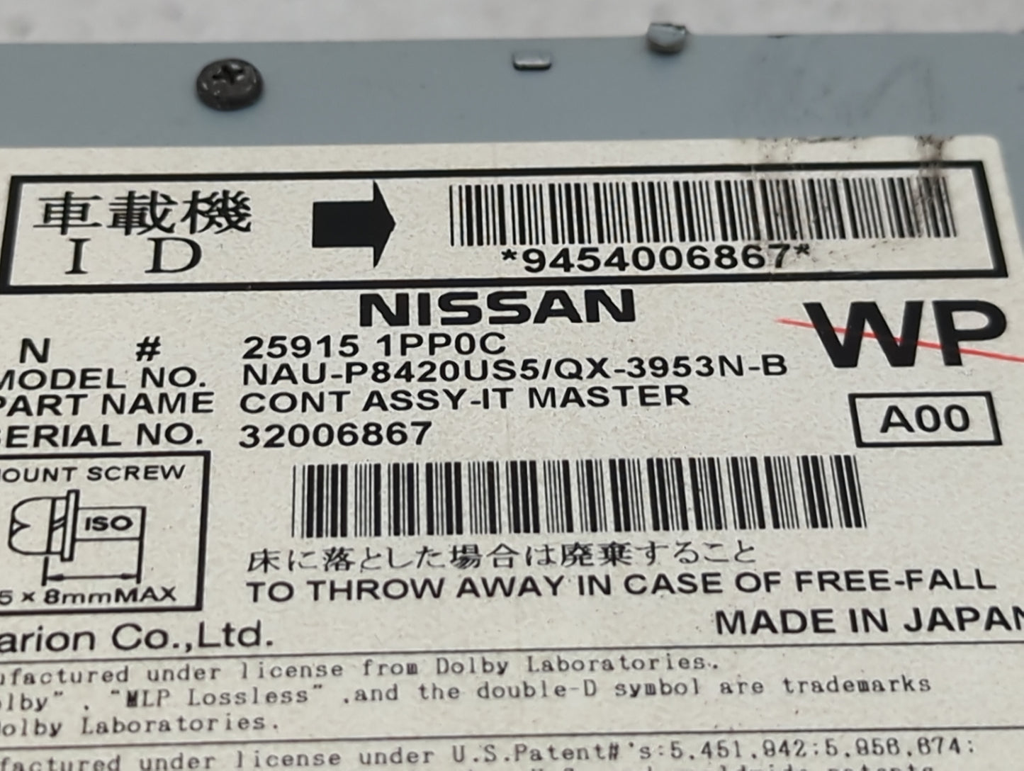 2013 Infiniti Qx56 Radio AM FM Cd Player Receiver Replacement P/N:25915 1PP0C Fits Fits 2014 OEM Used Auto Parts - Oemusedau