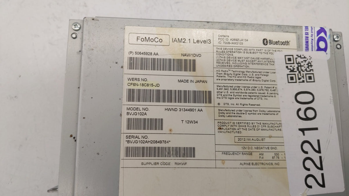 2012-2013 Jaguar Xf Radio AM FM Cd Player Receiver Replacement P/N:50645928AA CF6N-18C815-JE Fits 2012 2013 OEM Used Auto Pa