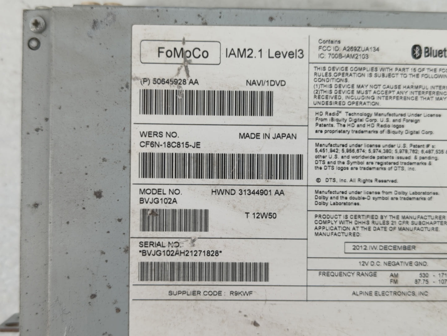2013 Jaguar Xf Radio AM FM Cd Player Receiver Replacement P/N:50645928 AA Fits Fits 2011 2012 2014 2015 OEM Used Auto Parts 