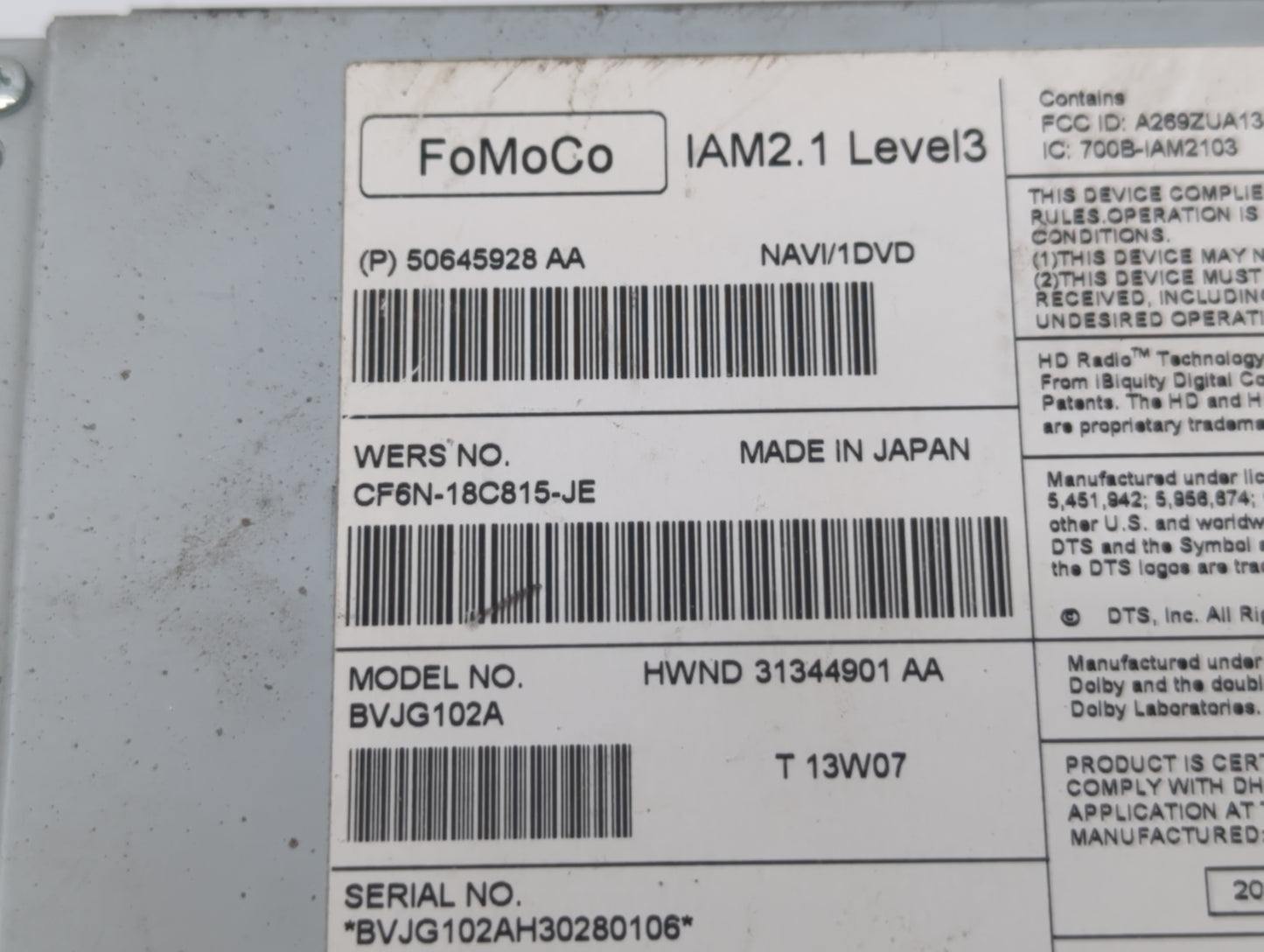 2011-2015 Jaguar Xj Radio AM FM Cd Player Receiver Replacement P/N:50645928AA Fits Fits 2011 2012 2013 2014 2015 OEM Used Au