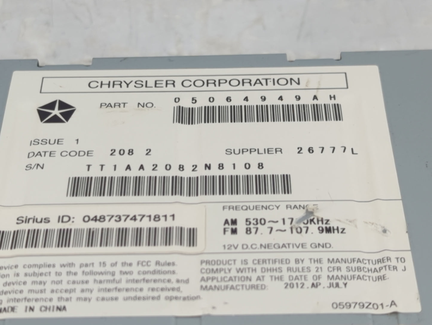 2013 Jeep Compass Radio AM FM Cd Player Receiver Replacement P/N:05064949AH Fits Fits 2014 2015 2016 2017 OEM Used Auto Part