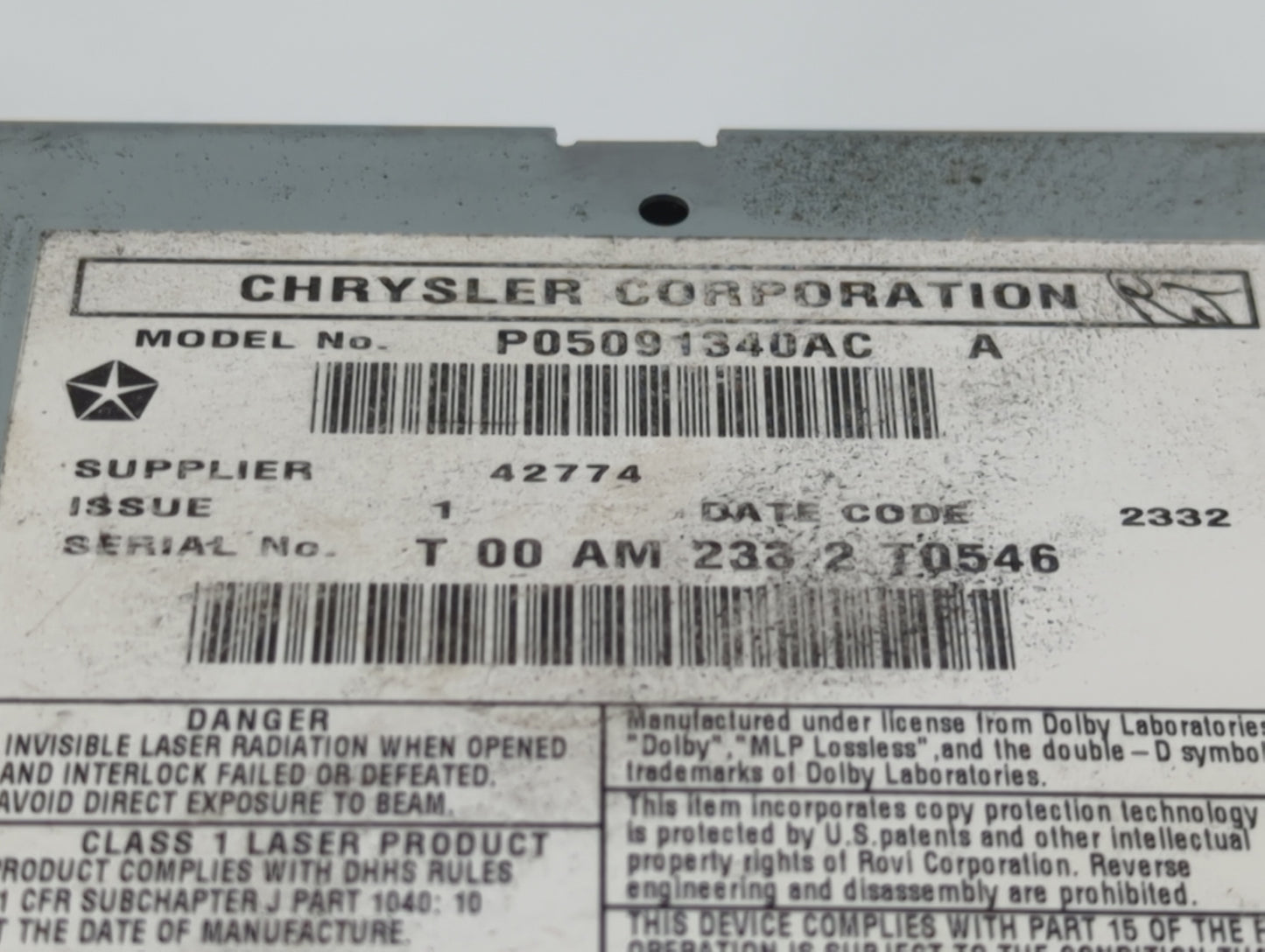 2013 Jeep Grand Cherokee Radio AM FM Cd Player Receiver Replacement P/N:P05091340AC Fits OEM Used Auto Parts - Oemusedautopa