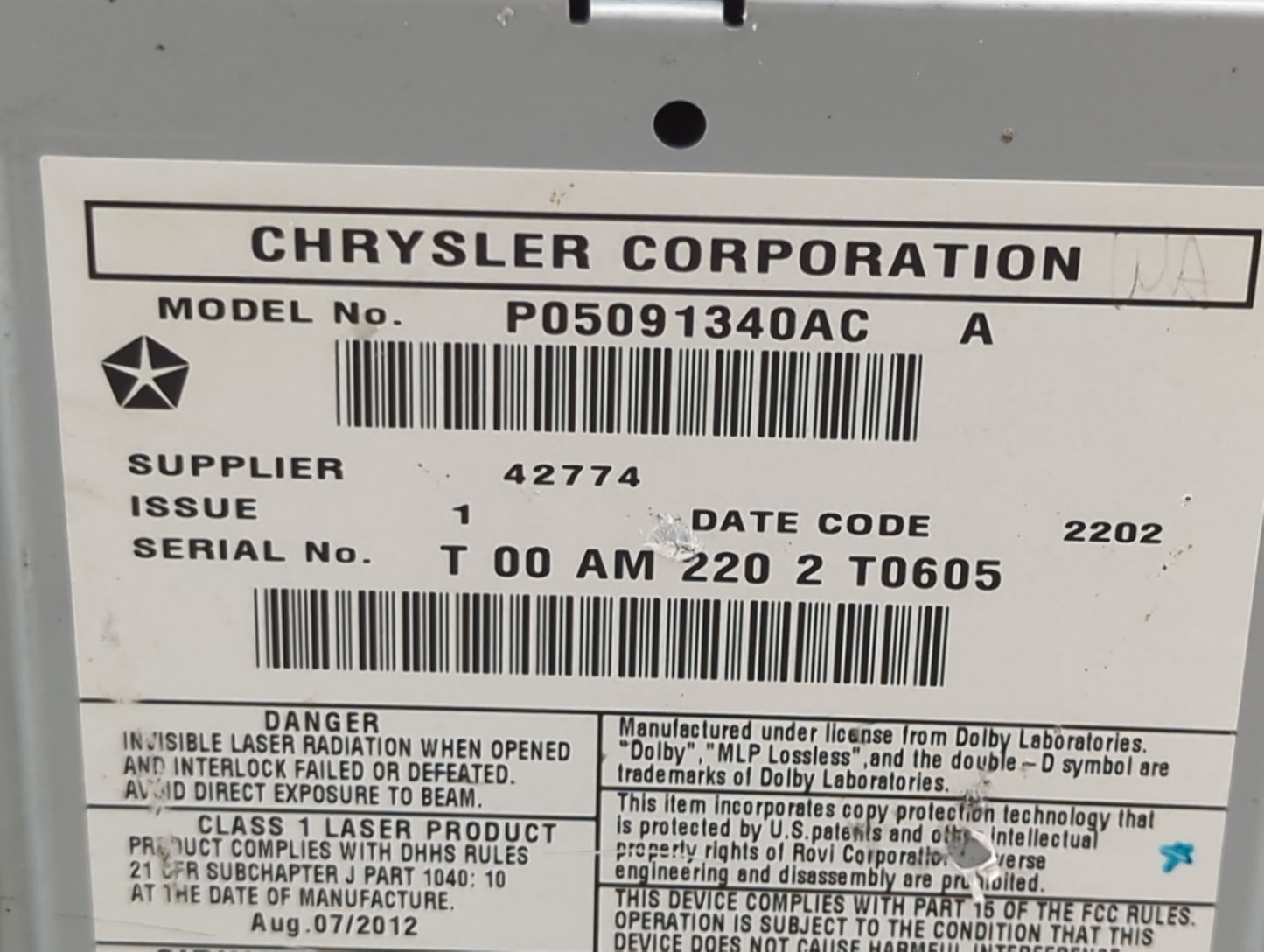2013 Jeep Grand Cherokee Radio AM FM Cd Player Receiver Replacement P/N:P05091340AC Fits OEM Used Auto Parts - Oemusedautopa