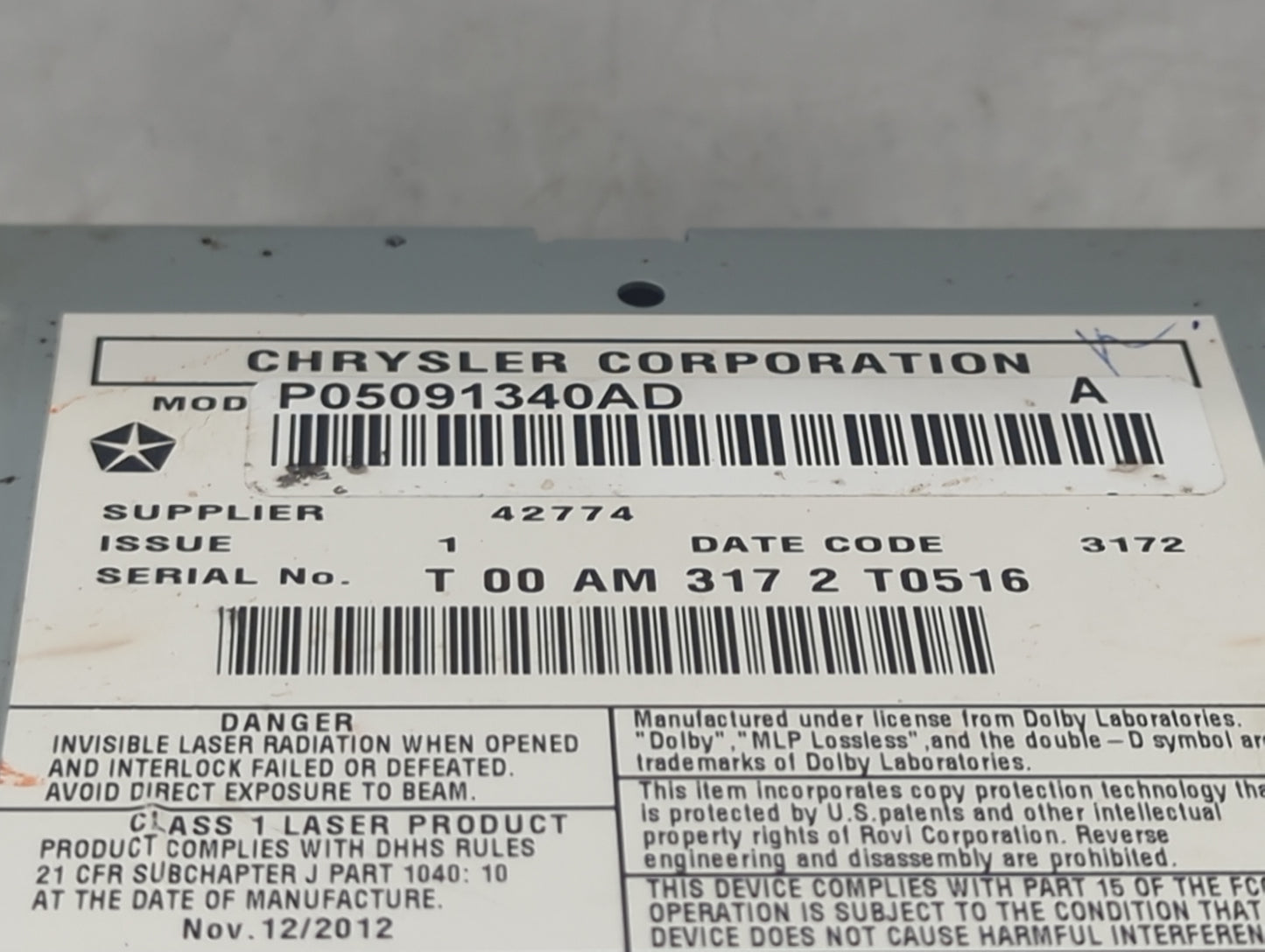 2013 Jeep Grand Cherokee Radio AM FM Cd Player Receiver Replacement P/N:P05091340AD Fits OEM Used Auto Parts - Oemusedautopa