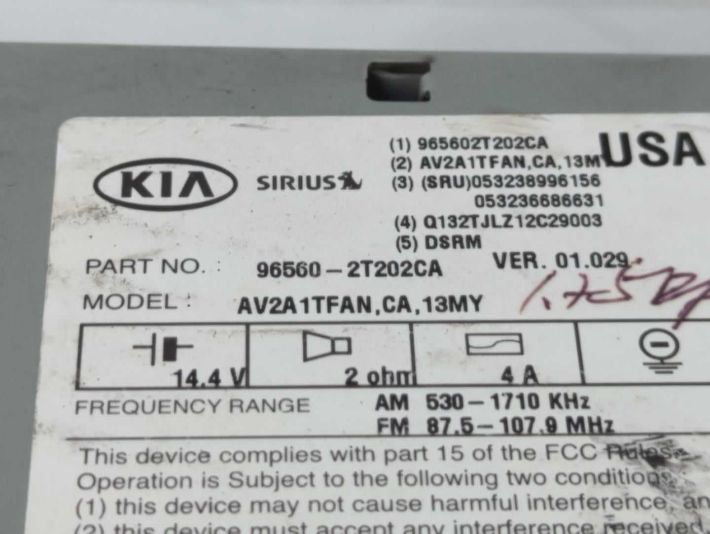 2011-2013 Kia Optima Radio AM FM Cd Player Receiver Replacement P/N:96560-2T202CA Fits Fits 2011 2012 2013 OEM Used Auto Par