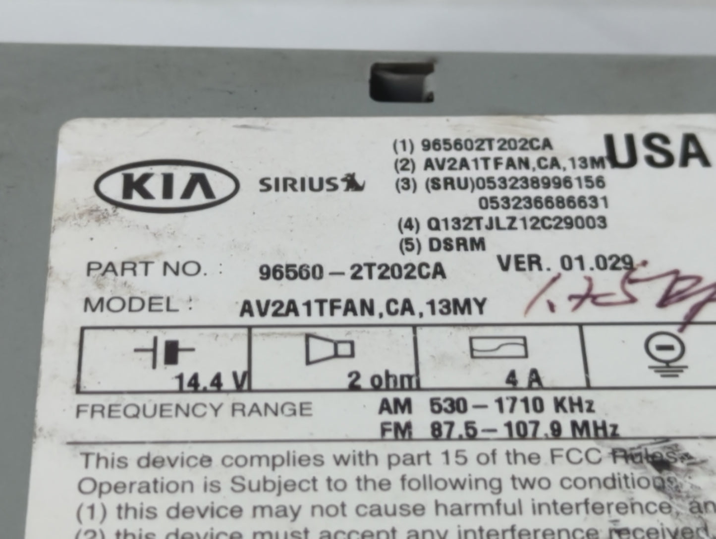 2011-2013 Kia Optima Radio AM FM Cd Player Receiver Replacement P/N:96560-2T202CA Fits Fits 2011 2012 2013 OEM Used Auto Par