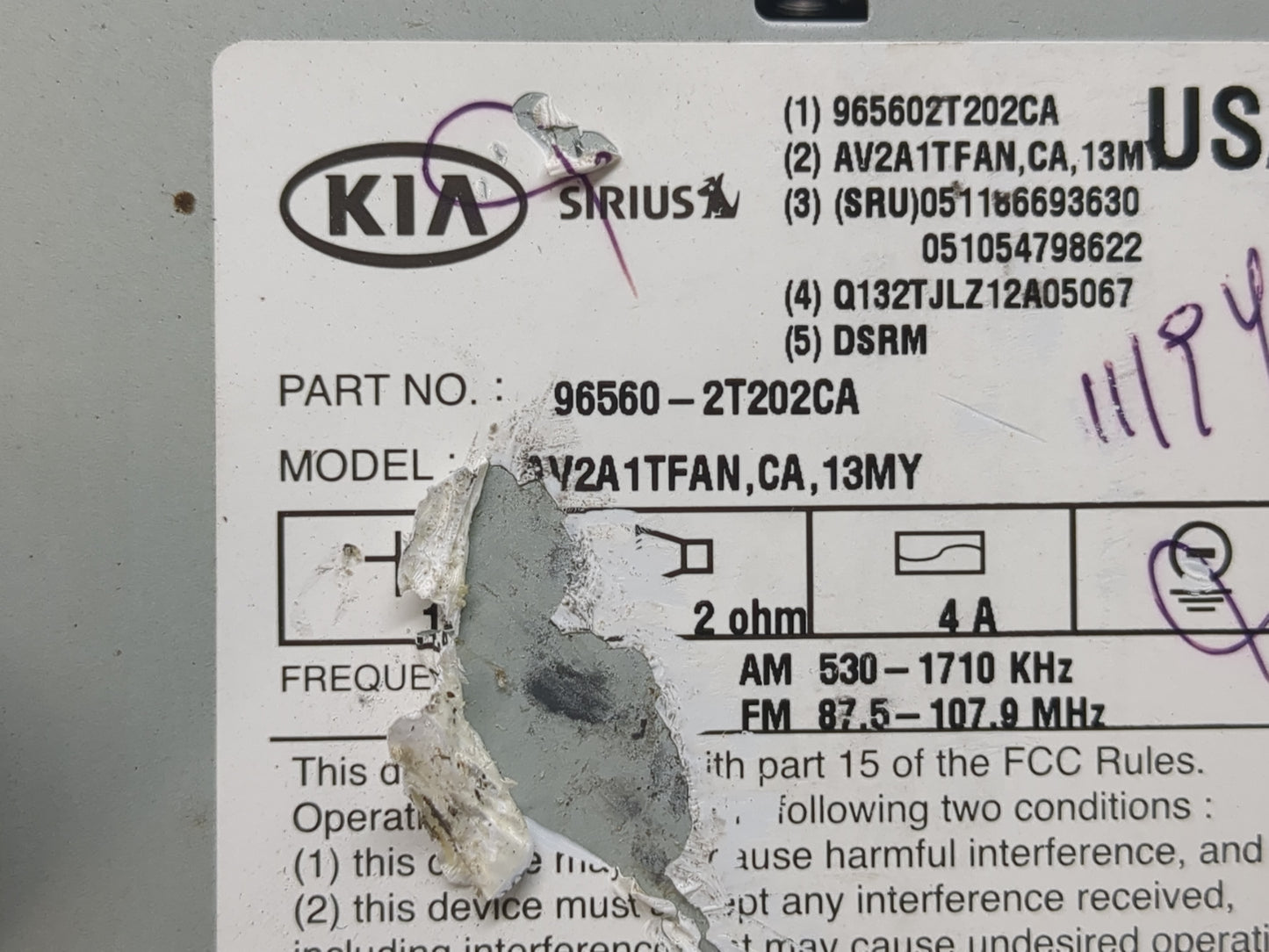 2011-2013 Kia Optima Radio AM FM Cd Player Receiver Replacement P/N:96560-2T202CA Fits Fits 2011 2012 2013 OEM Used Auto Par