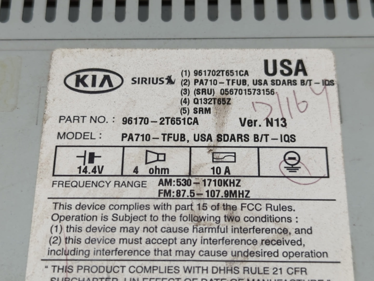 2011-2013 Kia Optima Radio AM FM Cd Player Receiver Replacement P/N:96170-3T651CA Fits Fits 2011 2012 2013 OEM Used Auto Par