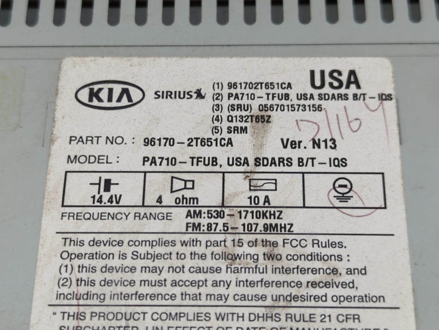 2011-2013 Kia Optima Radio AM FM Cd Player Receiver Replacement P/N:96170-3T651CA Fits Fits 2011 2012 2013 OEM Used Auto Par